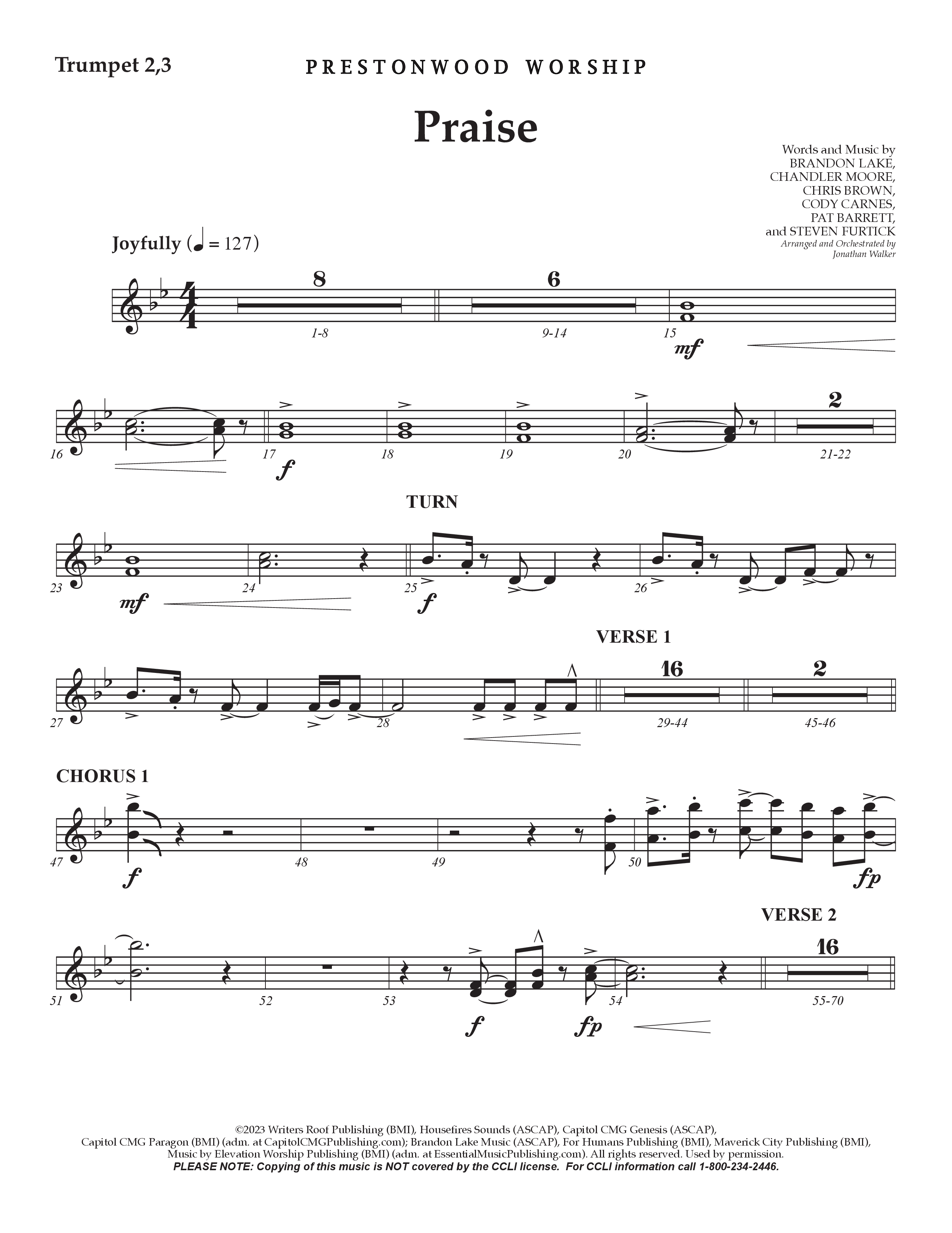Praise (Choral Anthem SATB) Trumpet 2/3 (Prestonwood Choir / Prestonwood Worship / Arr. Jonathan Walker)