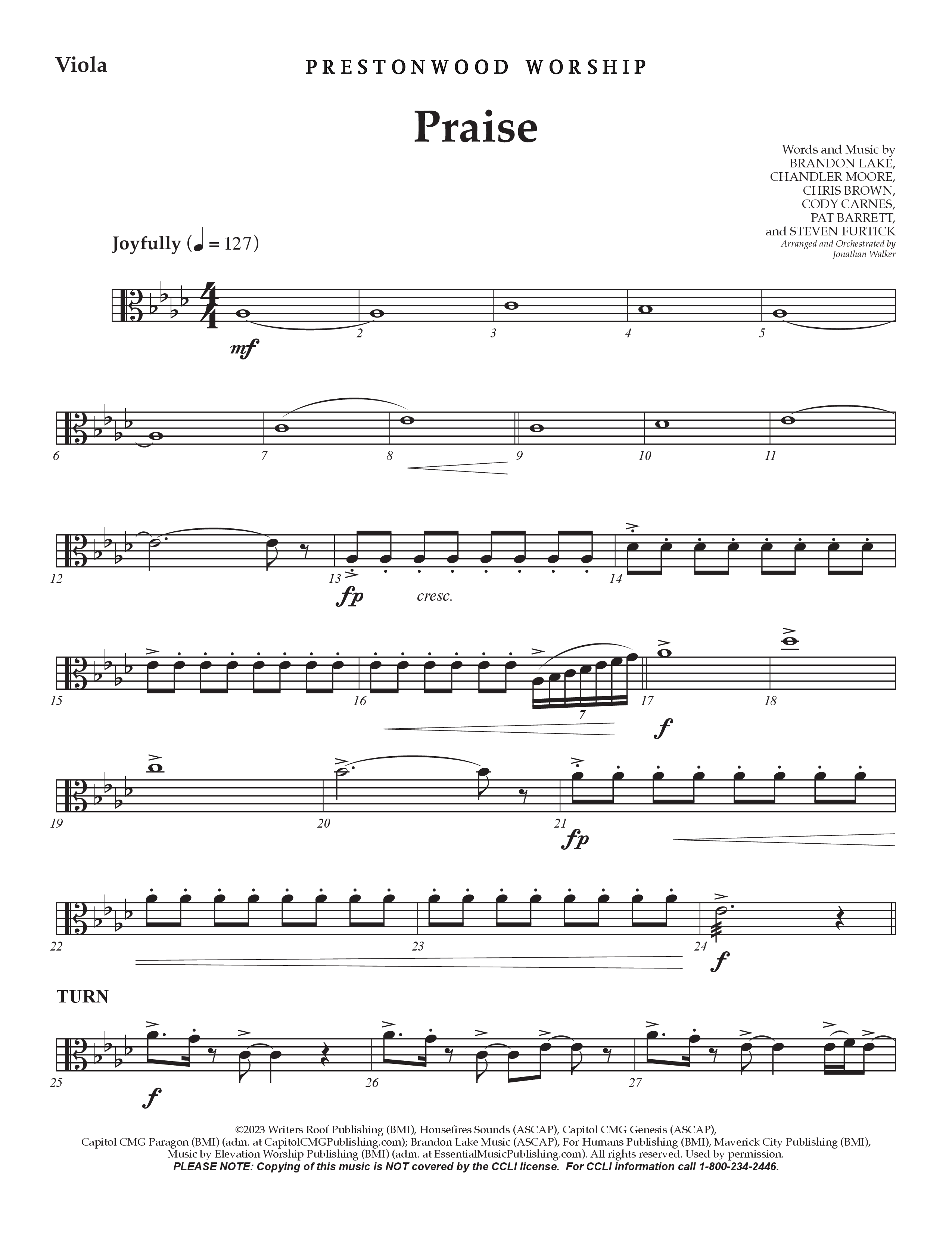 Praise (Choral Anthem SATB) Viola (Prestonwood Choir / Prestonwood Worship / Arr. Jonathan Walker)