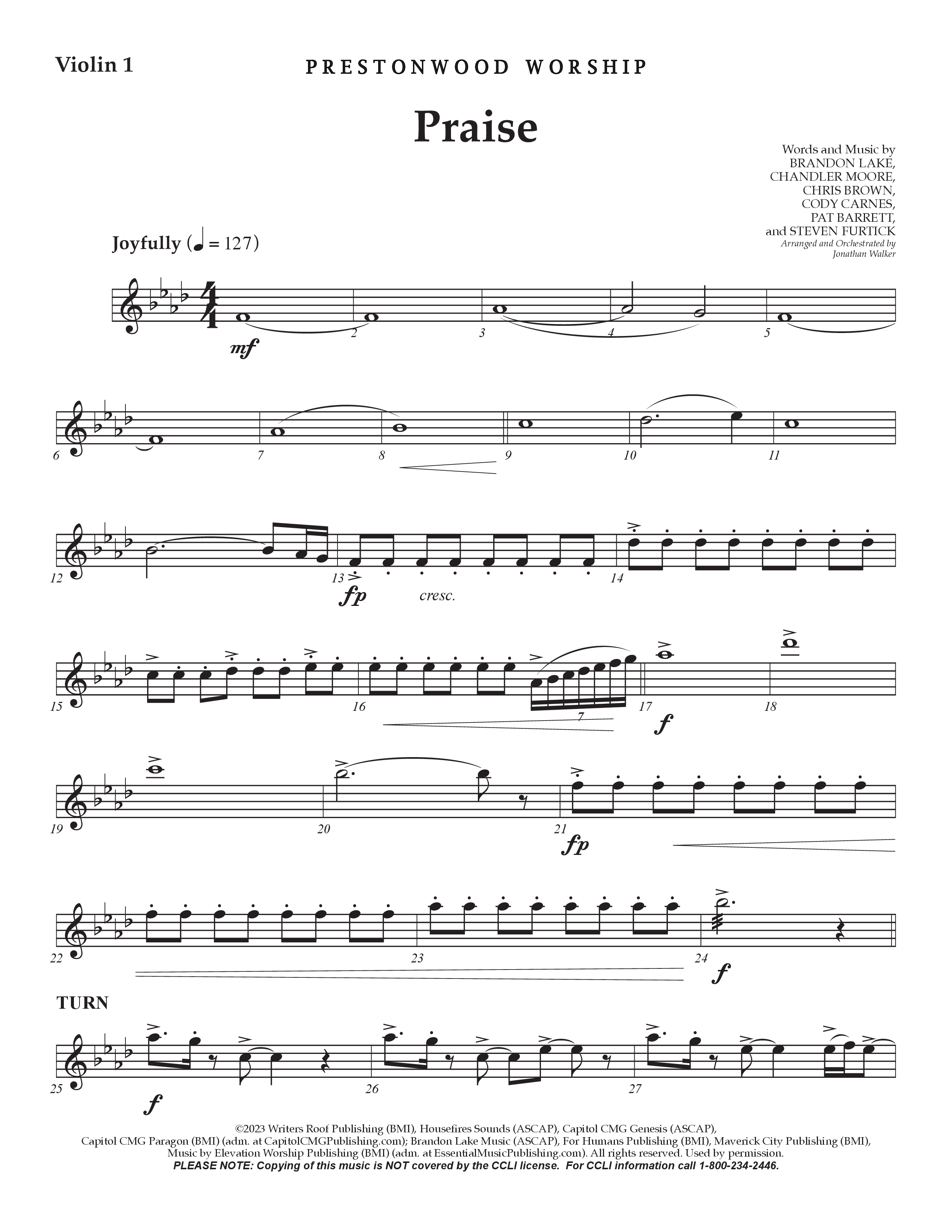 Praise (Choral Anthem SATB) Violin 1 (Prestonwood Choir / Prestonwood Worship / Arr. Jonathan Walker)