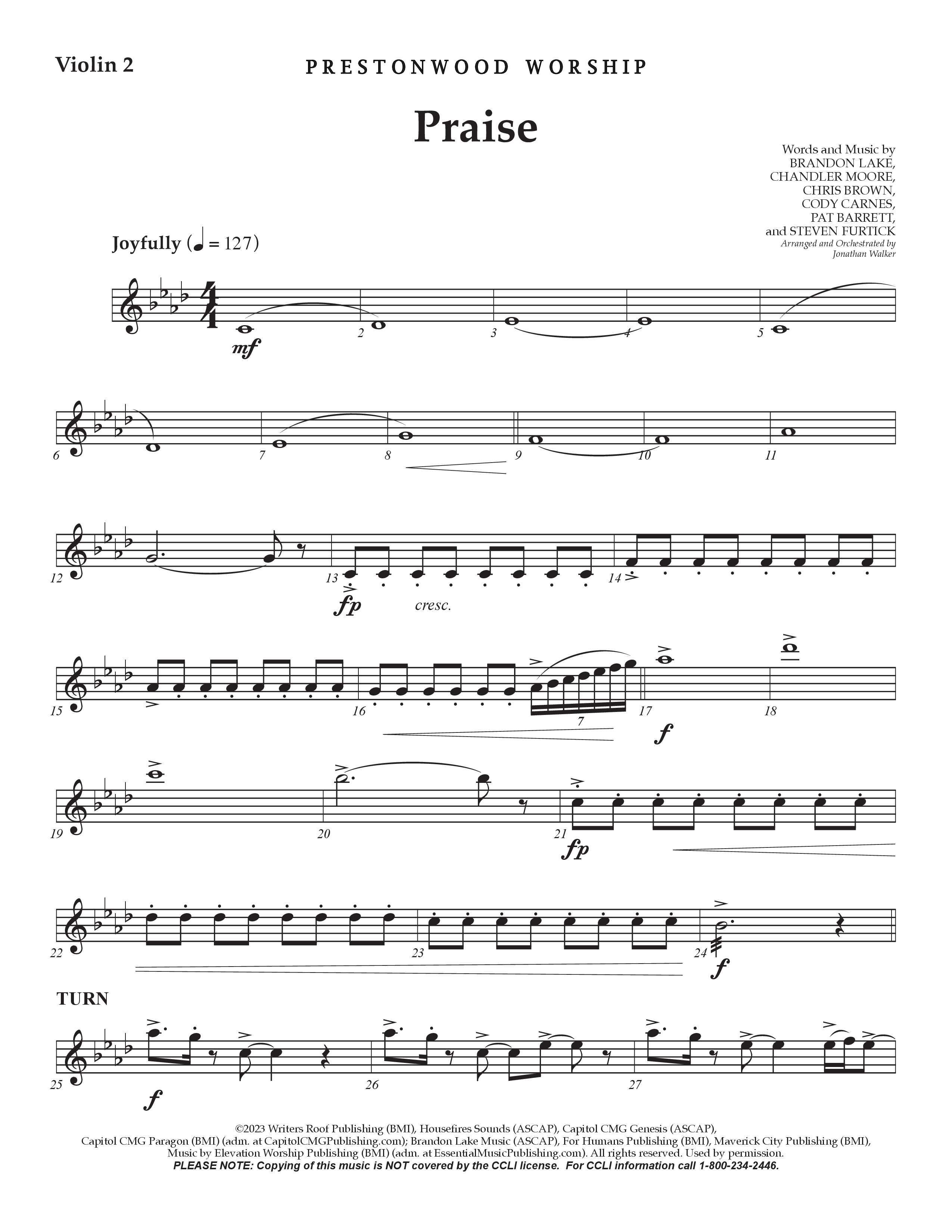 Praise (Choral Anthem SATB) Violin 2 (Prestonwood Choir / Prestonwood Worship / Arr. Jonathan Walker)