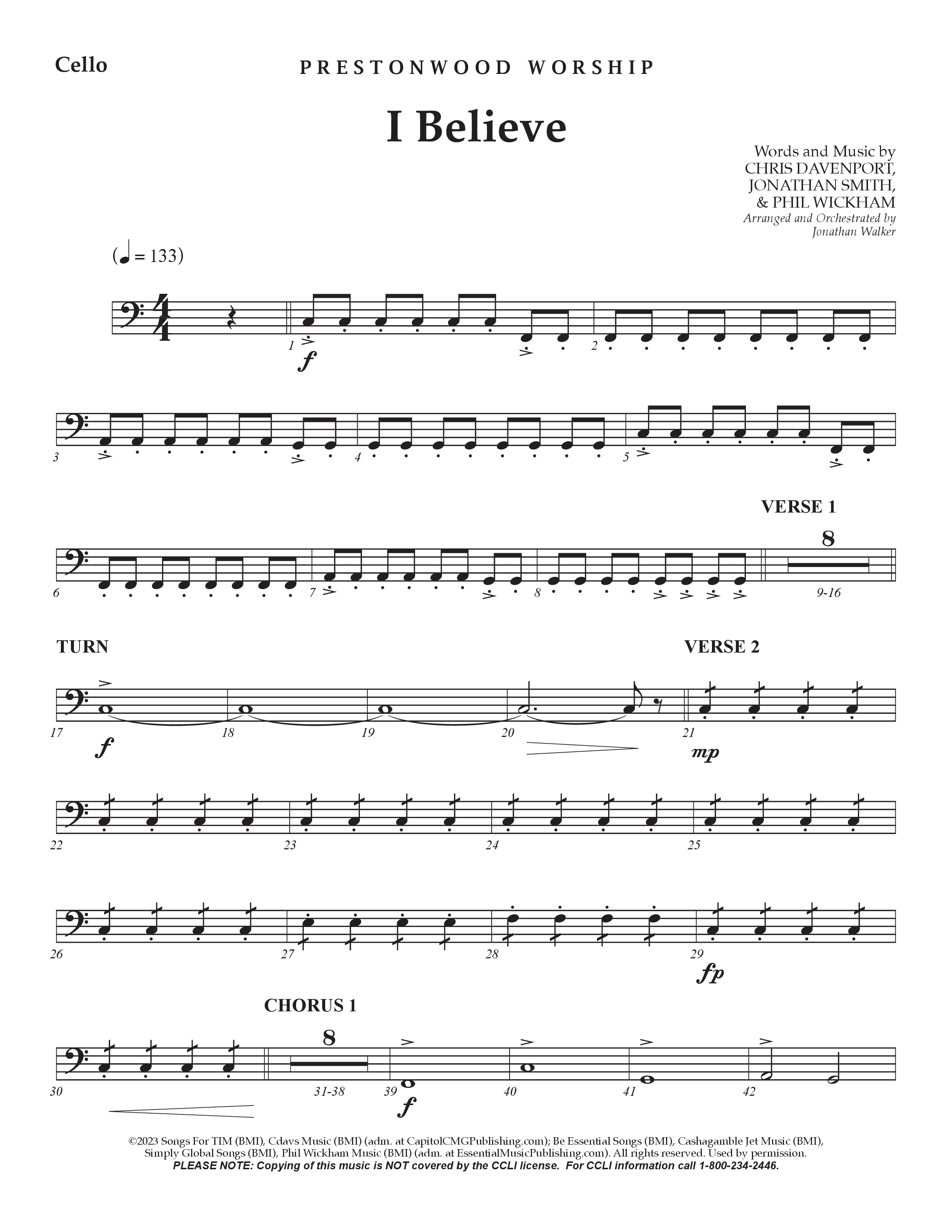 I Believe (Choral Anthem SATB) Cello (Prestonwood Choir / Prestonwood Worship / Arr. Jonathan Walker)