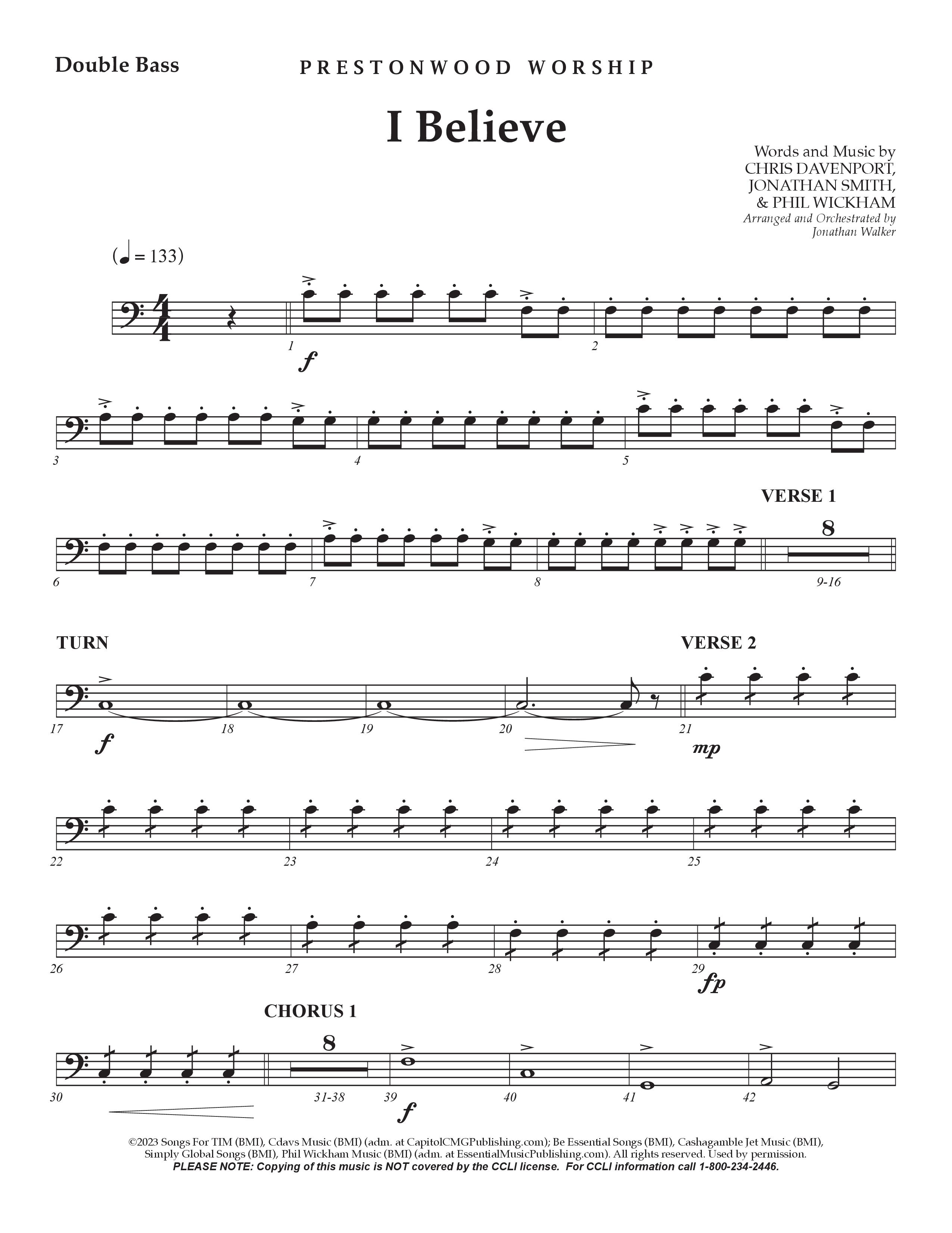 I Believe (Choral Anthem SATB) Double Bass (Prestonwood Choir / Prestonwood Worship / Arr. Jonathan Walker)