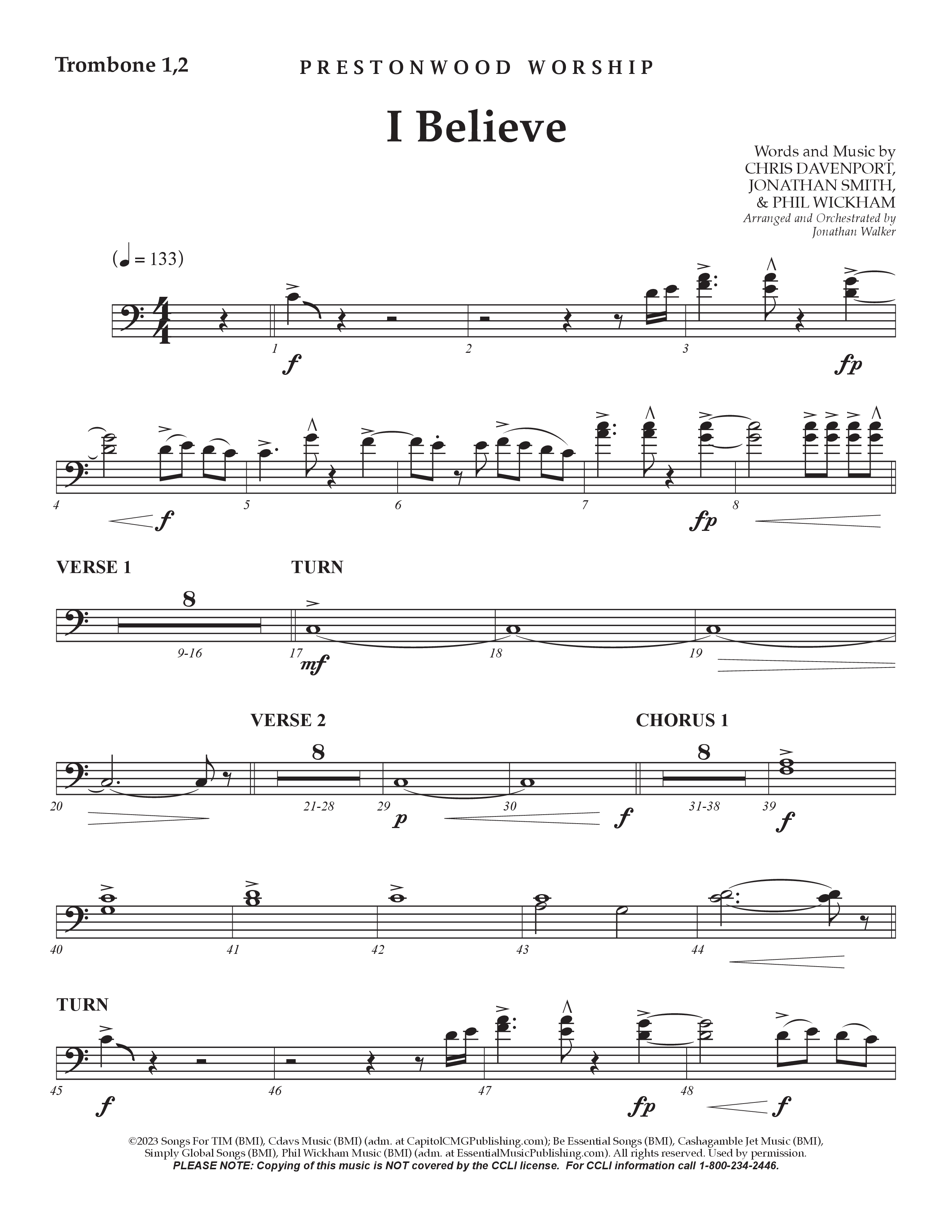 I Believe (Choral Anthem SATB) Trombone 1/2 (Prestonwood Choir / Prestonwood Worship / Arr. Jonathan Walker)