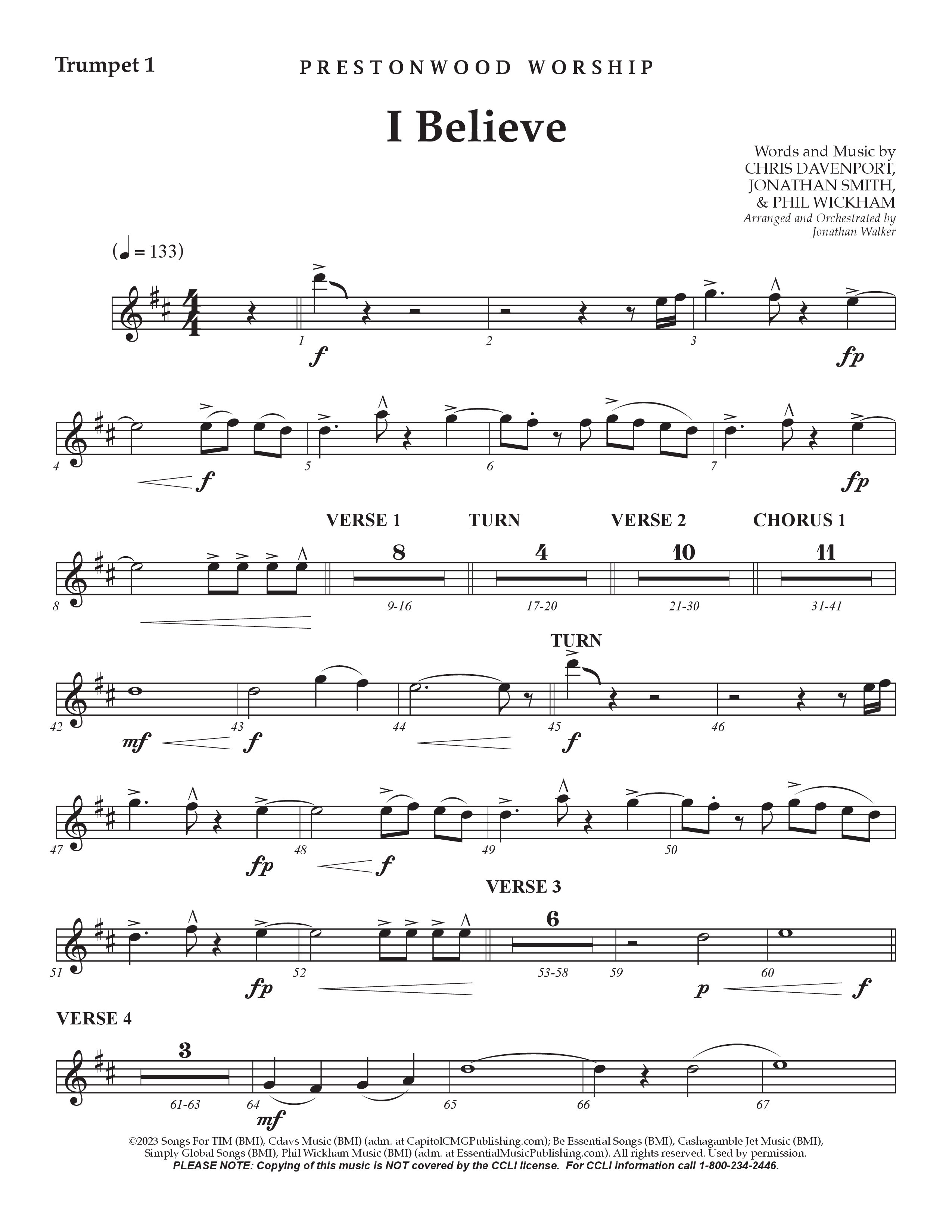 I Believe (Choral Anthem SATB) Trumpet 1 (Prestonwood Choir / Prestonwood Worship / Arr. Jonathan Walker)