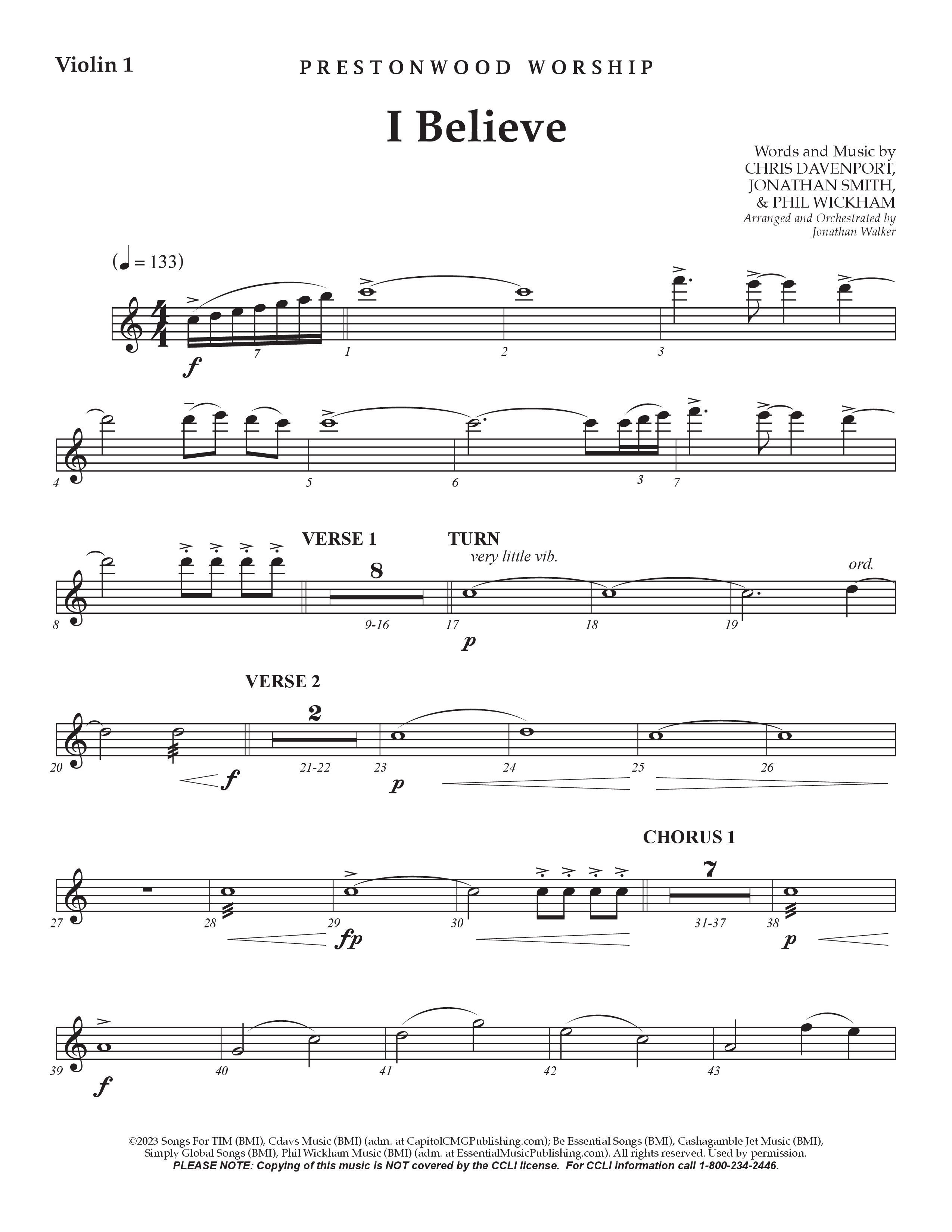 I Believe (Choral Anthem SATB) Violin 1 (Prestonwood Choir / Prestonwood Worship / Arr. Jonathan Walker)