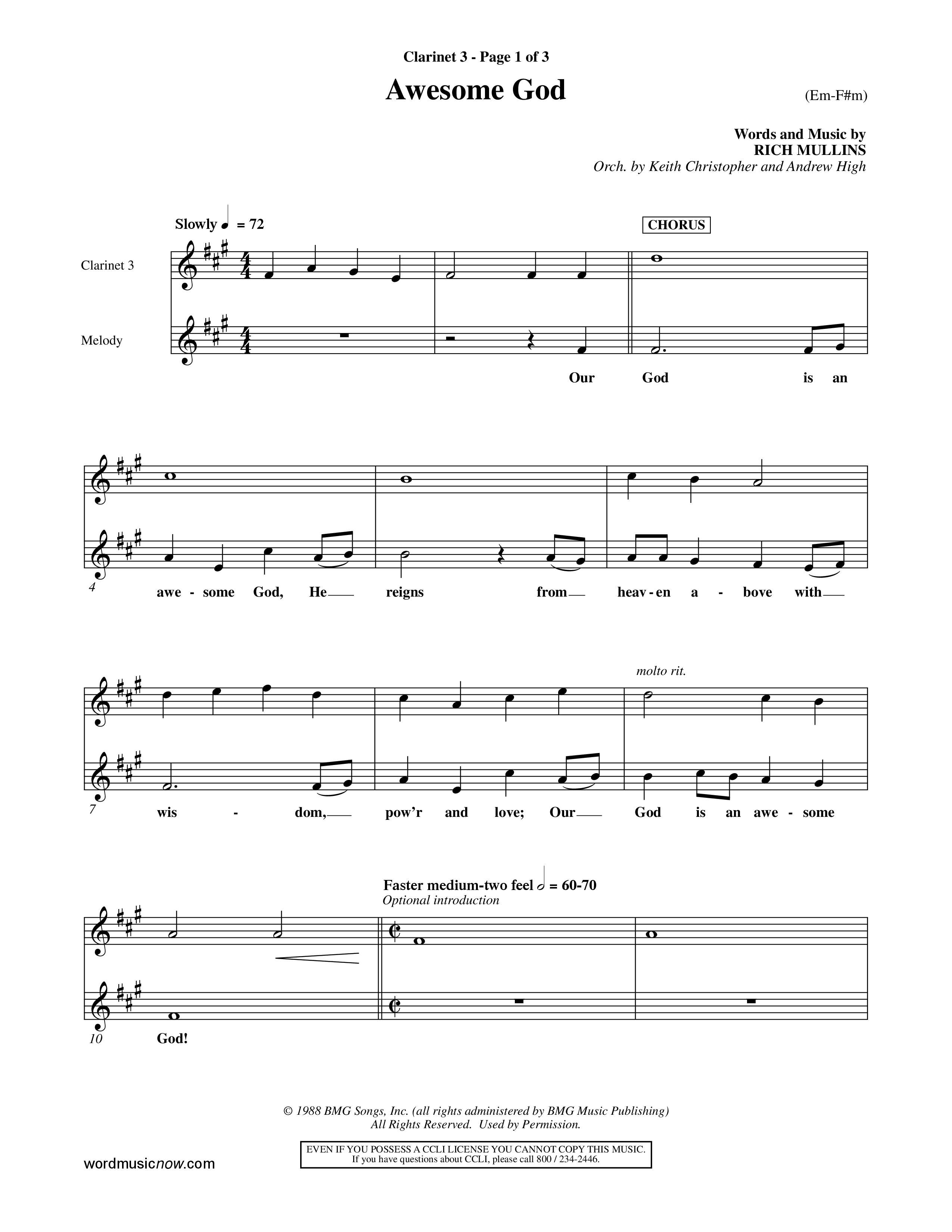 Awesome God (Choral Anthem SATB) Clarinet 3 (Word Music Choral / Orch. Keith Christopher / Orch. Andrew High)