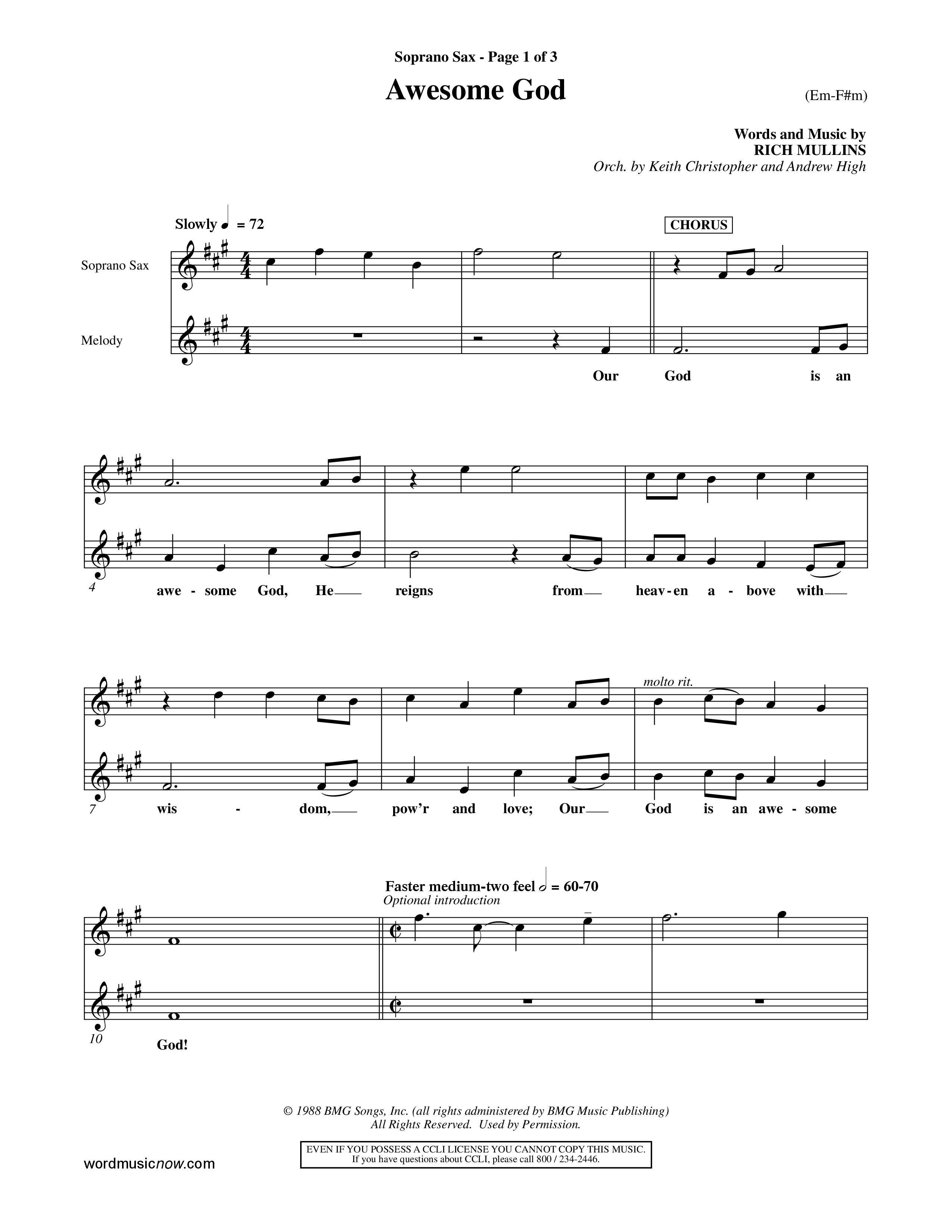 Awesome God (Choral Anthem SATB) Saxophone (Word Music Choral / Orch. Keith Christopher / Orch. Andrew High)