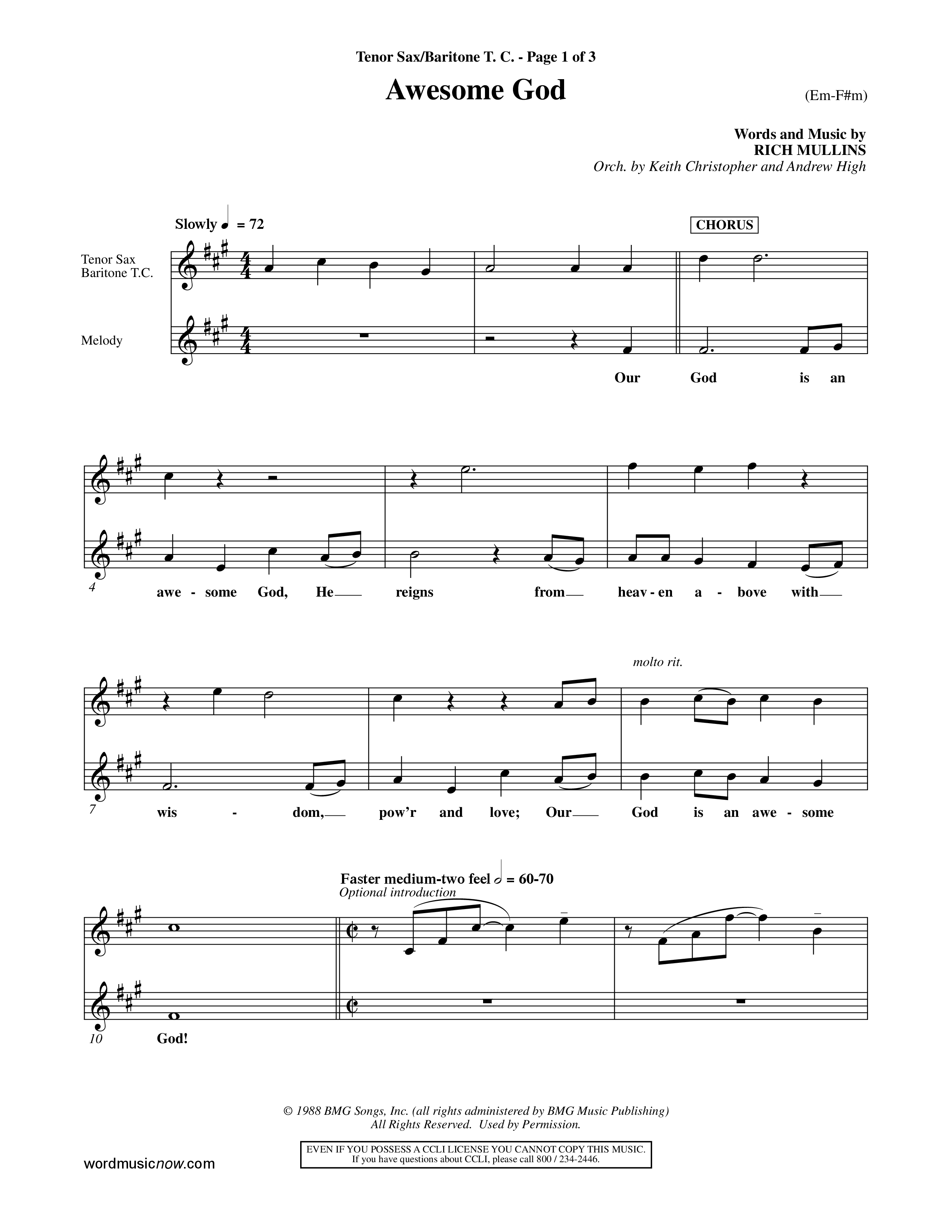 Awesome God (Choral Anthem SATB) Tenor Sax/Baritone T.C. (Word Music Choral / Orch. Keith Christopher / Orch. Andrew High)
