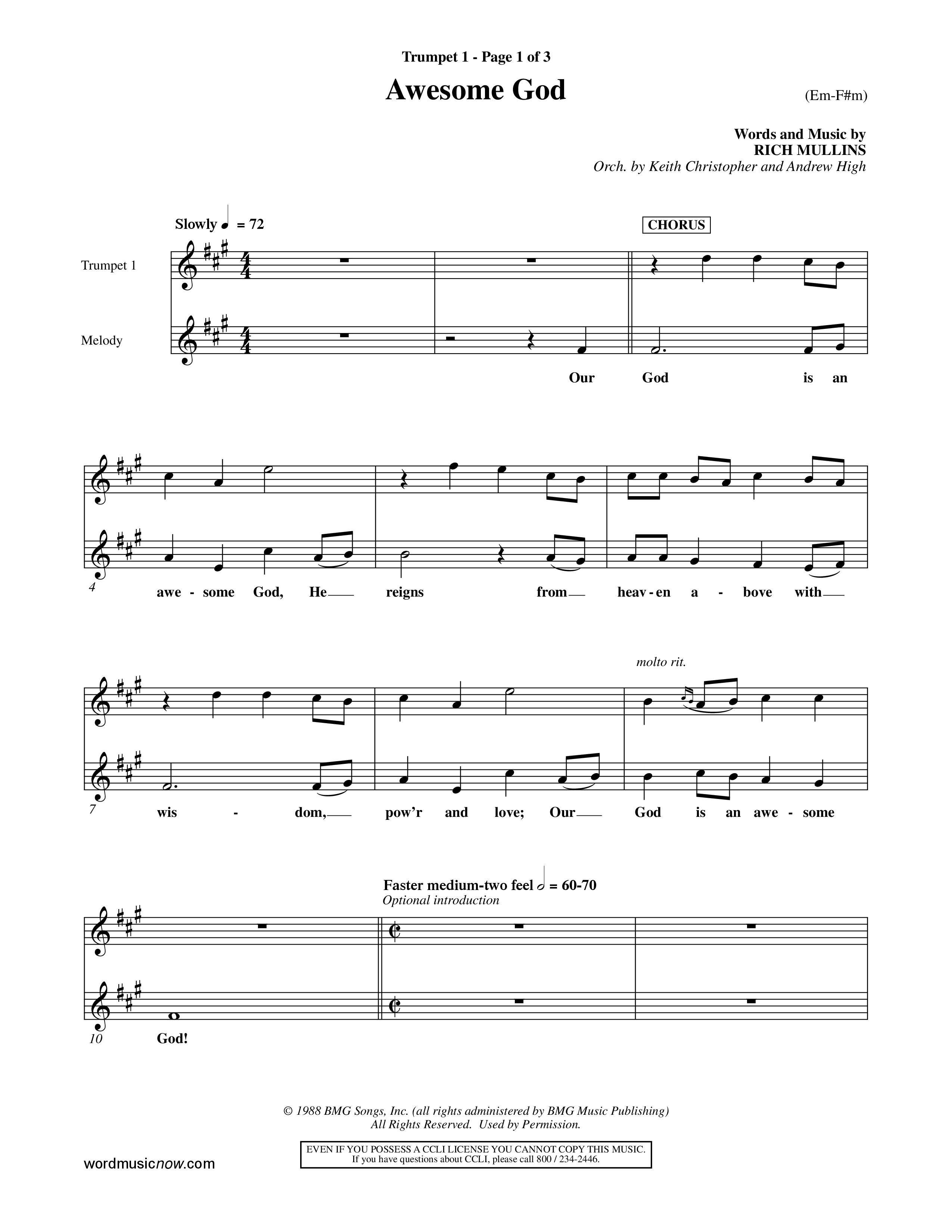 Awesome God (Choral Anthem SATB) Trumpet 1 (Word Music Choral / Orch. Keith Christopher / Orch. Andrew High)