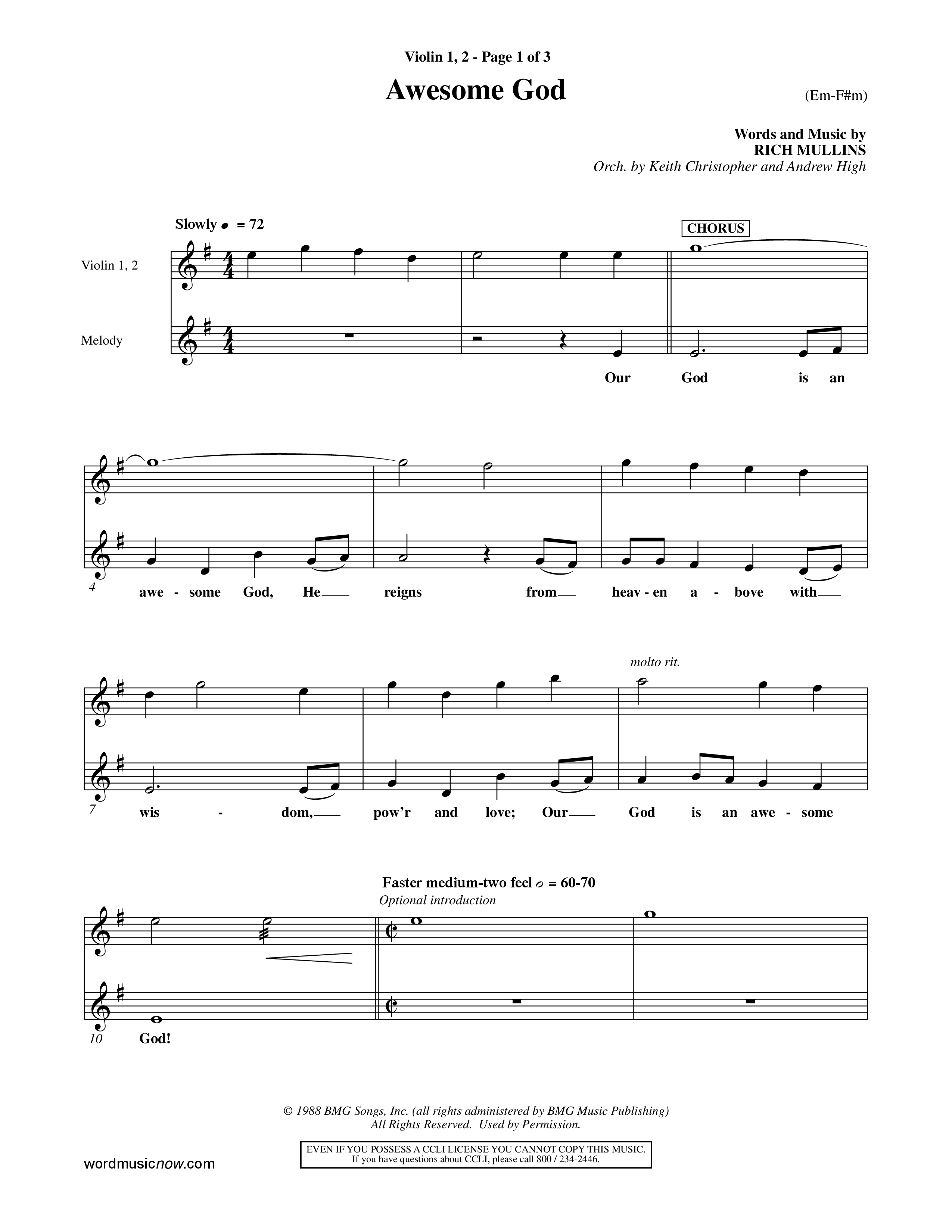 Awesome God (Choral Anthem SATB) Violin 1/2 (Word Music Choral / Orch. Keith Christopher / Orch. Andrew High)