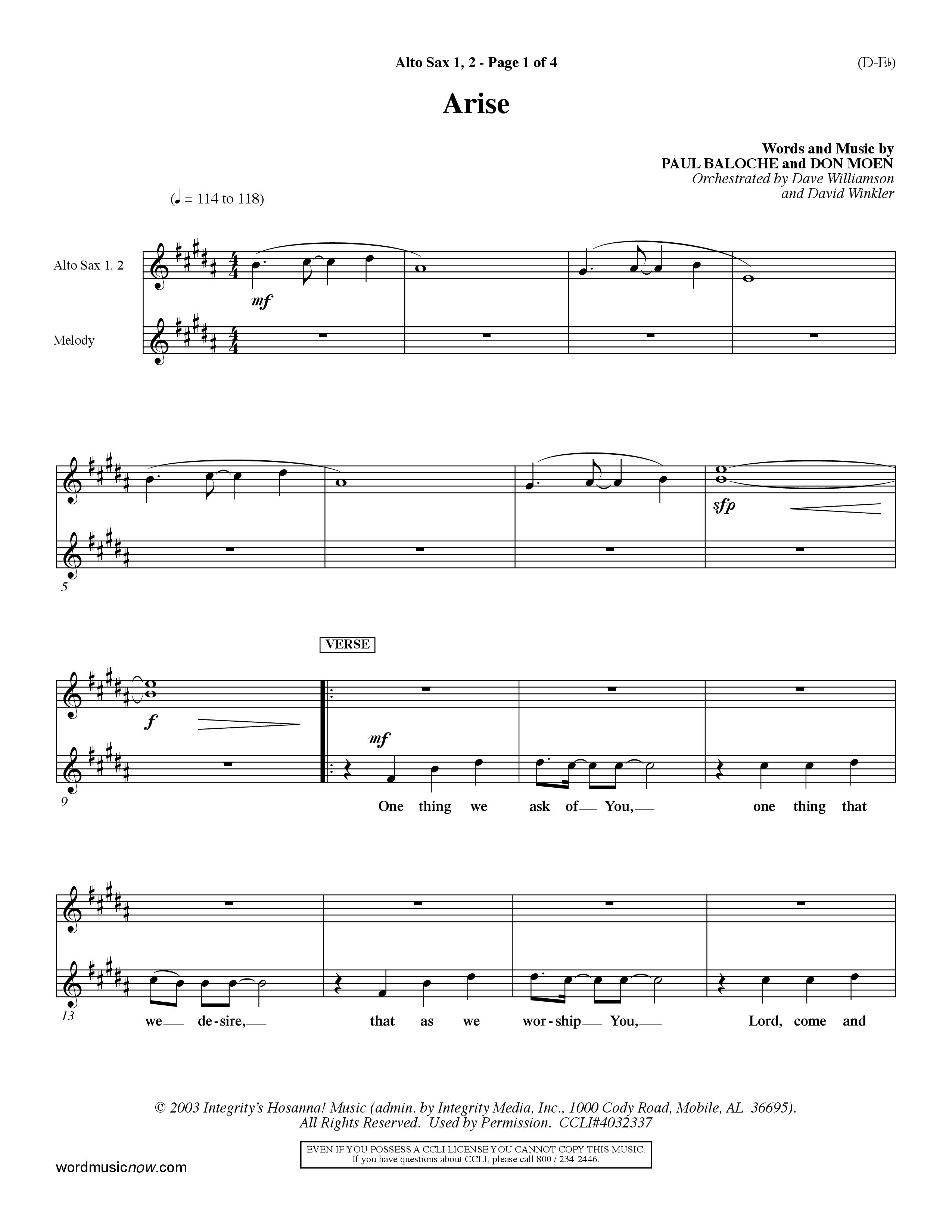 Arise (Choral Anthem SATB) Alto Sax 1/2 (Word Music Choral / Orch. David Winkler / Orch. Dave Williamson)