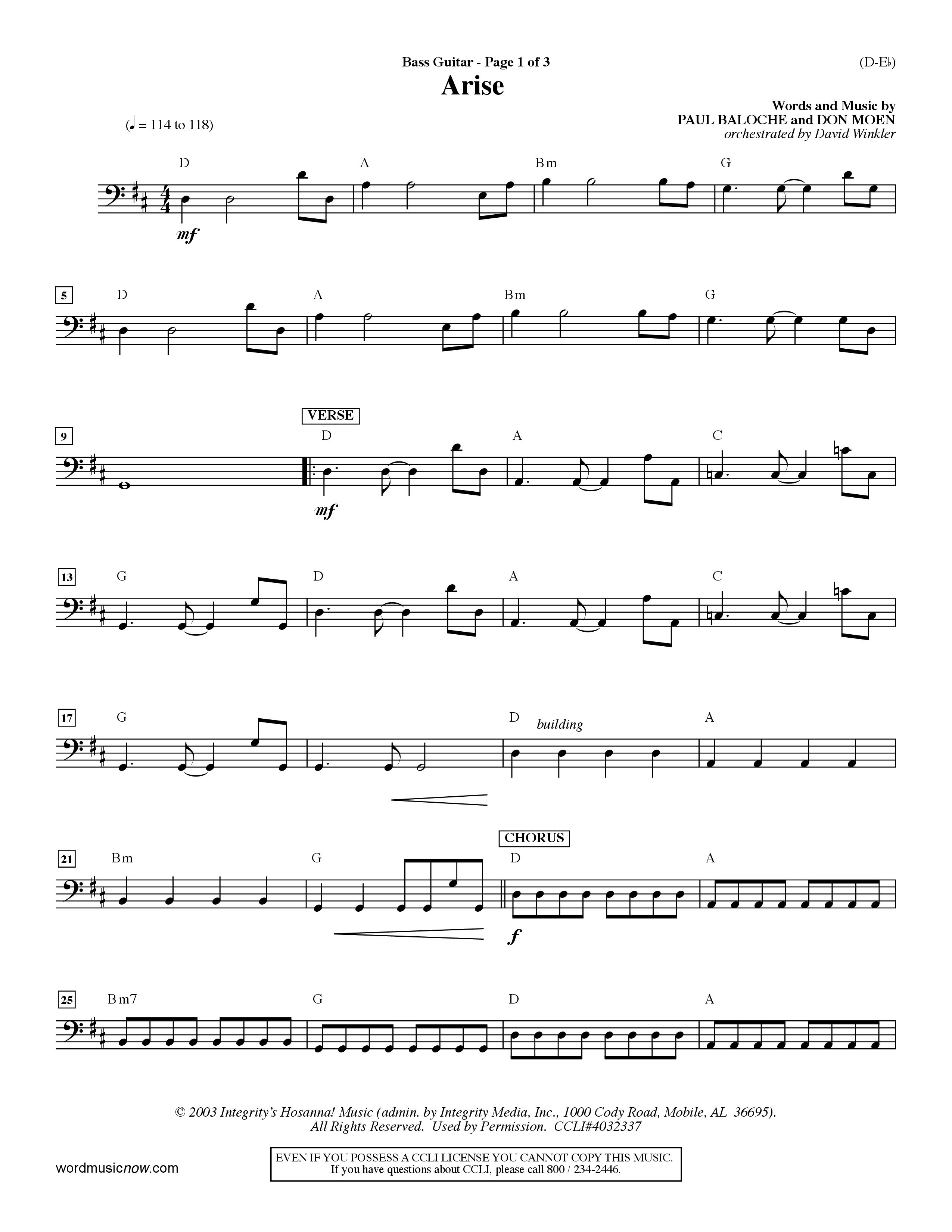 Arise (Choral Anthem SATB) Bass Guitar (Word Music Choral / Orch. David Winkler / Orch. Dave Williamson)