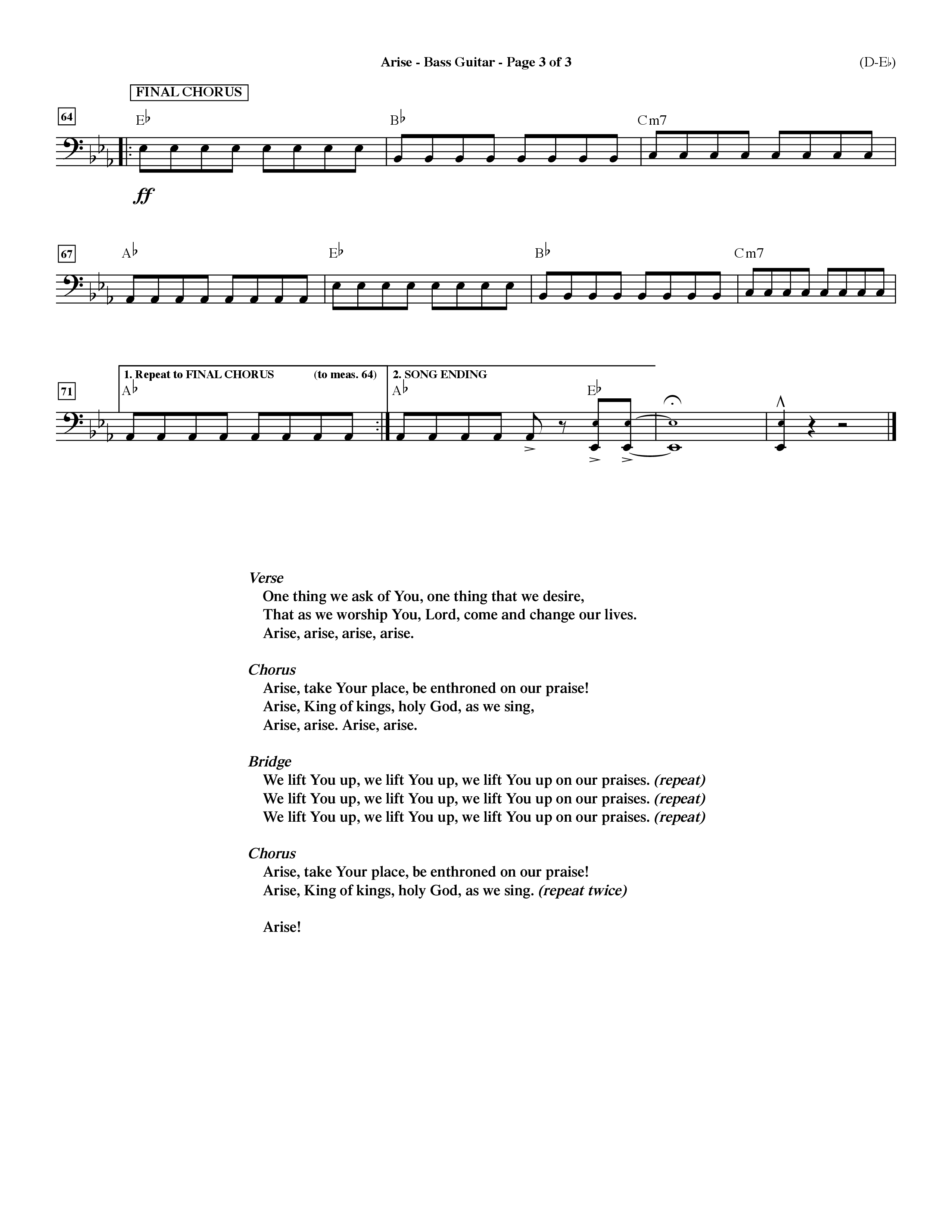 Arise (Choral Anthem SATB) Bass Guitar (Word Music Choral / Orch. David Winkler / Orch. Dave Williamson)