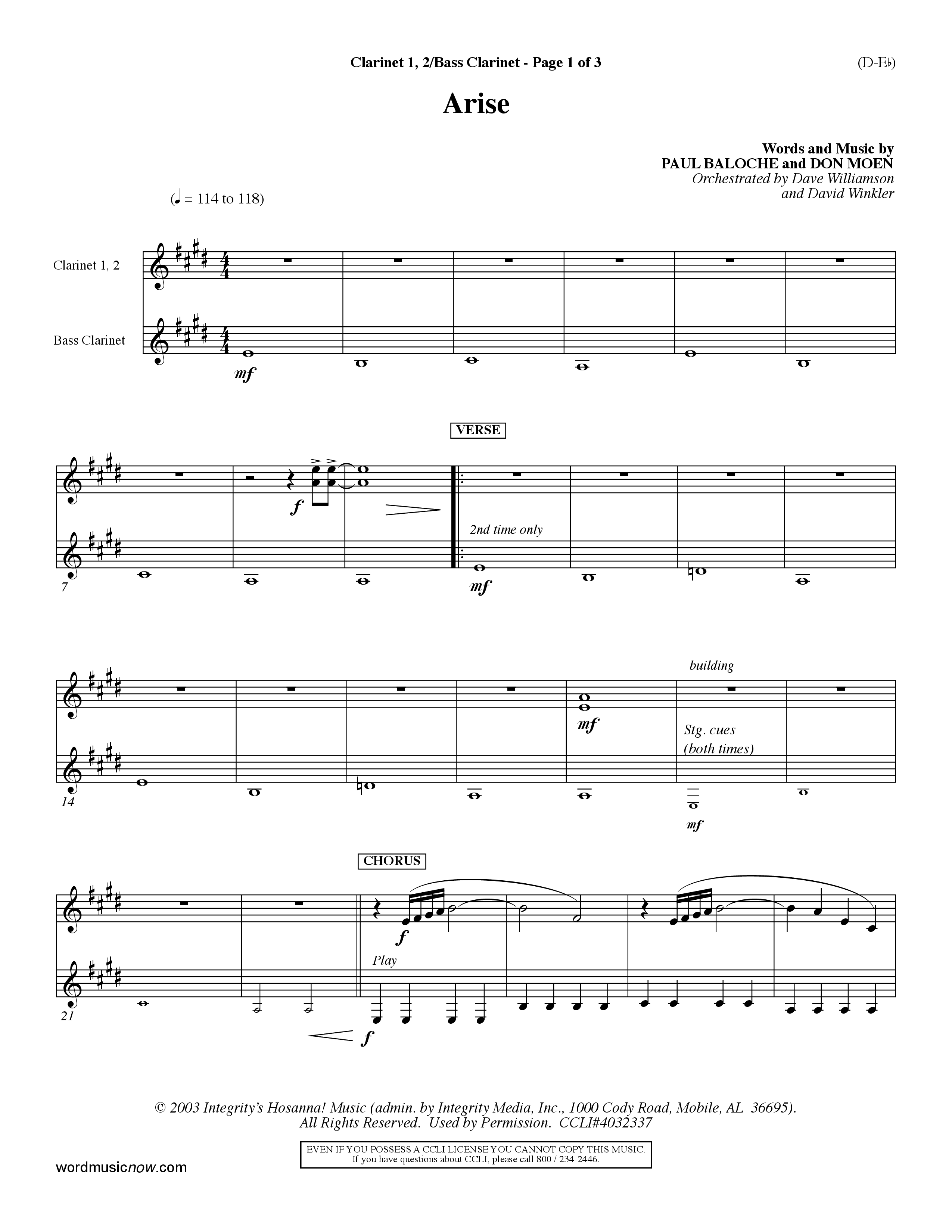 Arise (Choral Anthem SATB) Clarinet 1/2, Bass Clarinet (Word Music Choral / Orch. David Winkler / Orch. Dave Williamson)