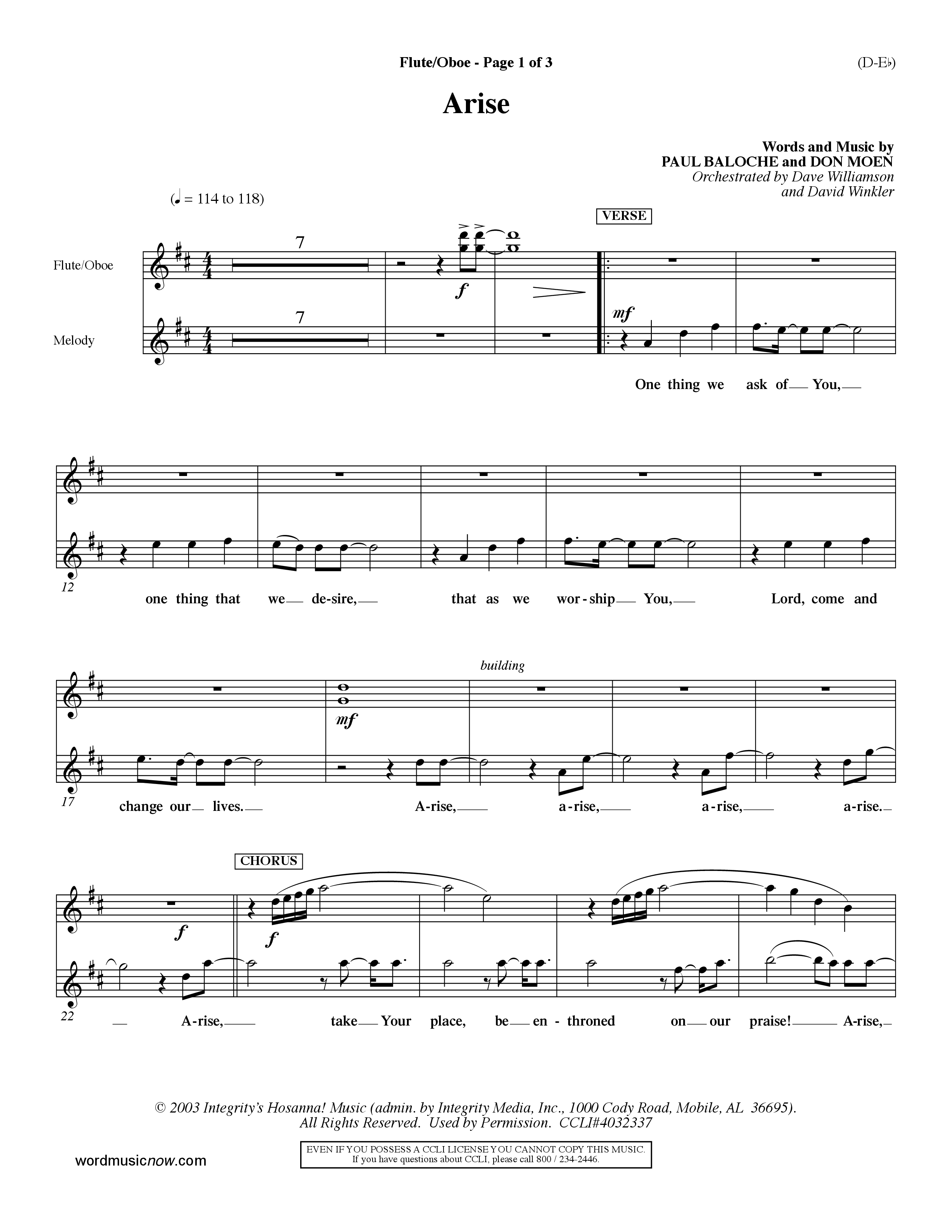 Arise (Choral Anthem SATB) Flute/Oboe (Word Music Choral / Orch. David Winkler / Orch. Dave Williamson)