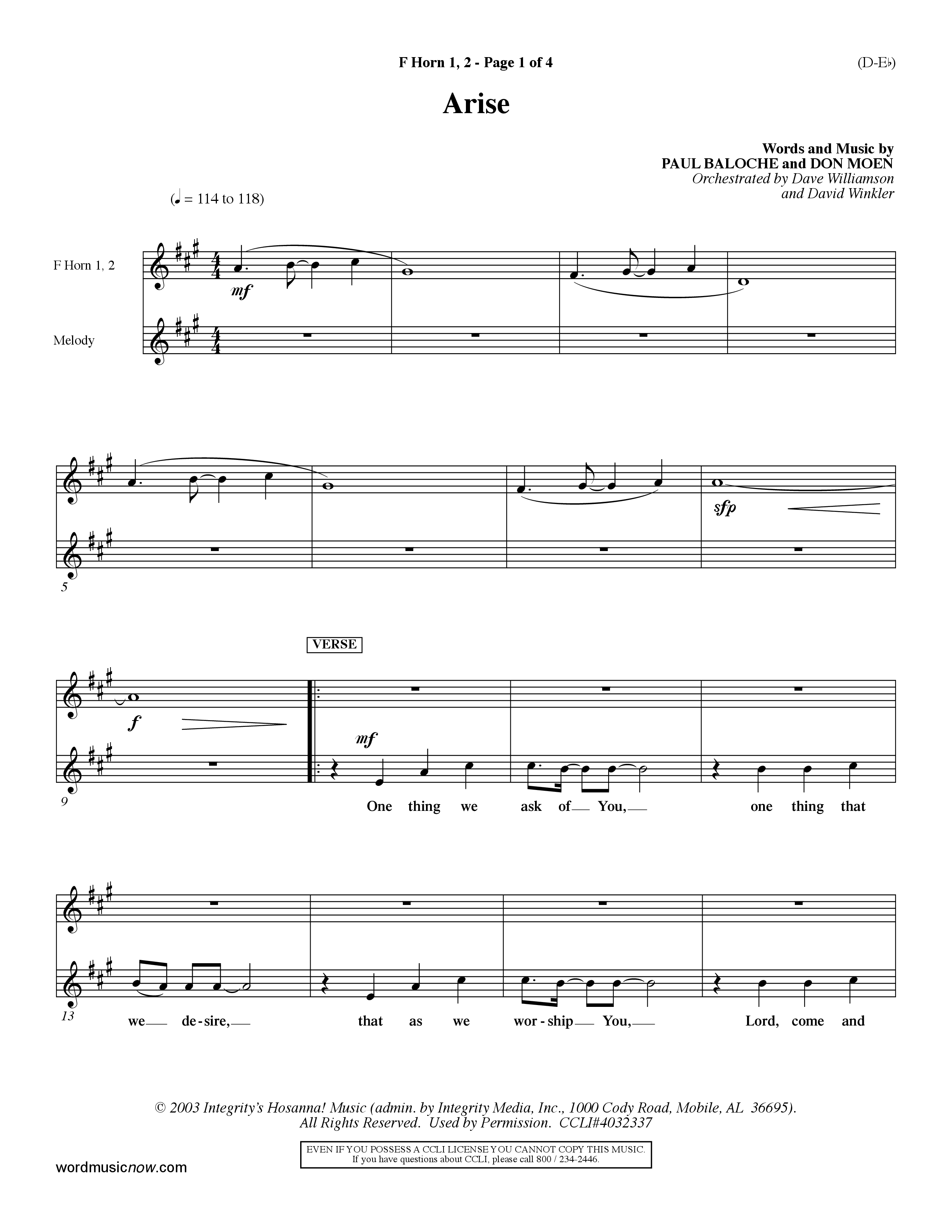 Arise (Choral Anthem SATB) French Horn (Word Music Choral / Orch. David Winkler / Orch. Dave Williamson)