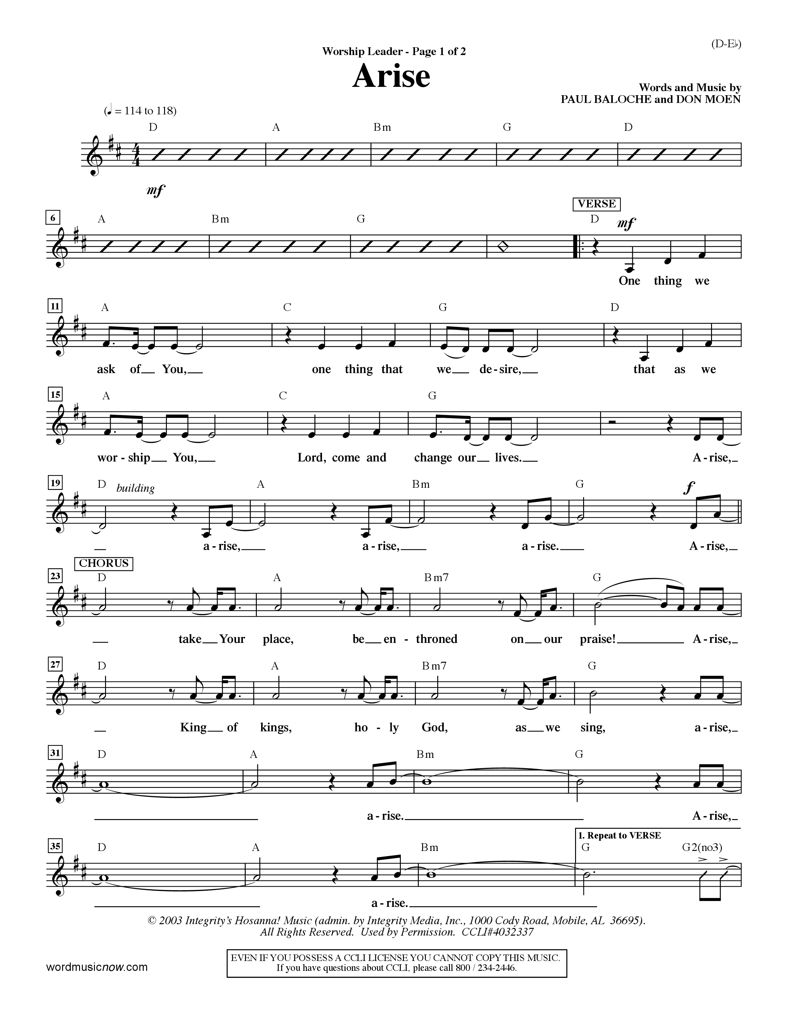 Arise (Choral Anthem SATB) Lead Sheet (Mel) (Word Music Choral / Orch. David Winkler / Orch. Dave Williamson)