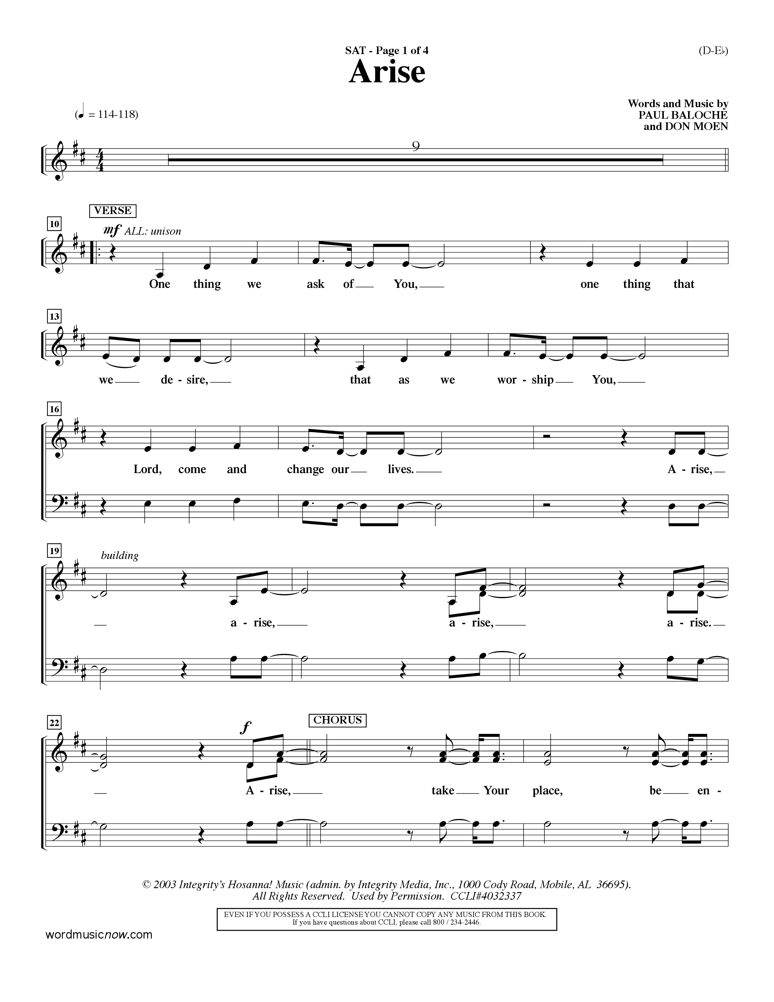 Arise (Choral Anthem SATB) Lead Sheet (SAT) (Word Music Choral / Orch. David Winkler / Orch. Dave Williamson)