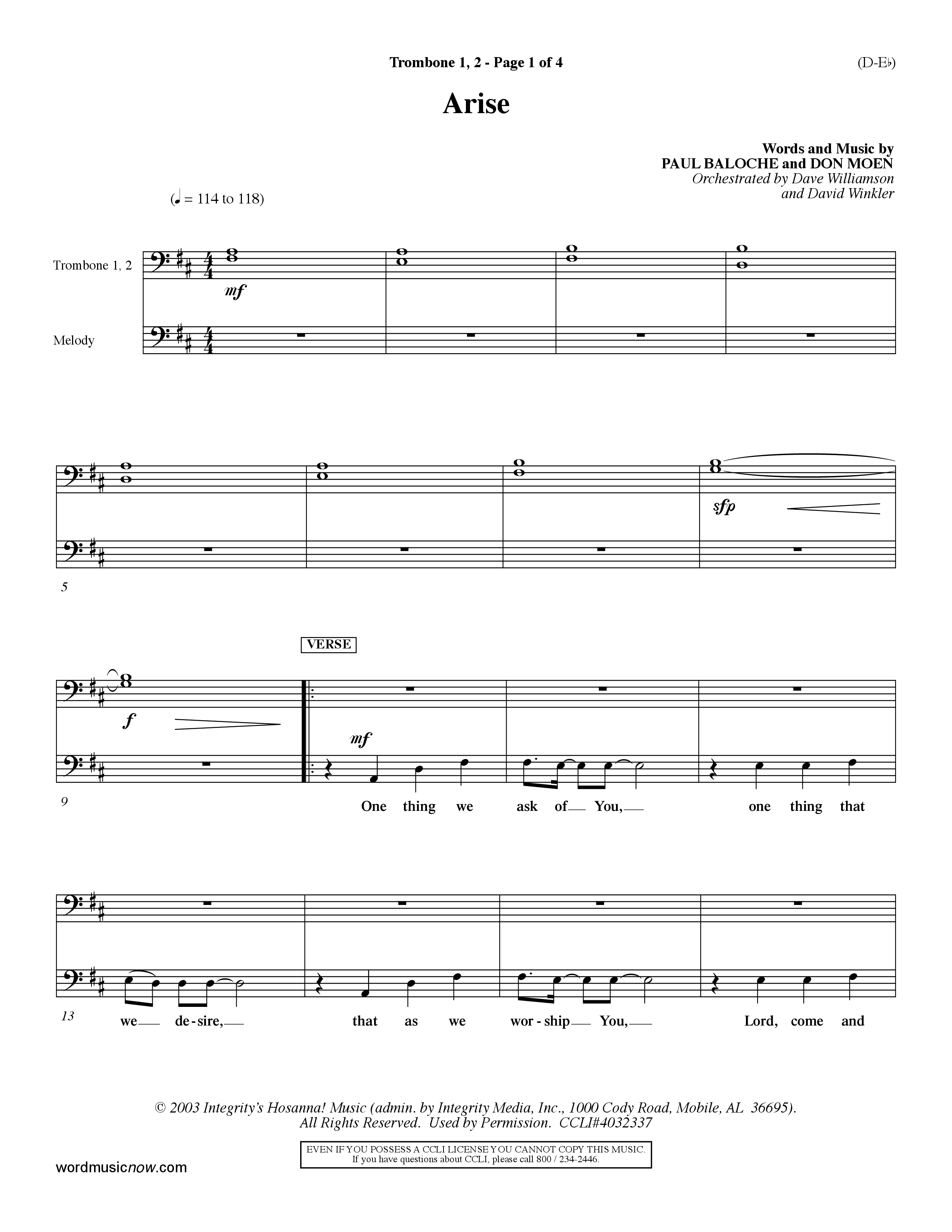 Arise (Choral Anthem SATB) Trombone 1/2 (Word Music Choral / Orch. David Winkler / Orch. Dave Williamson)