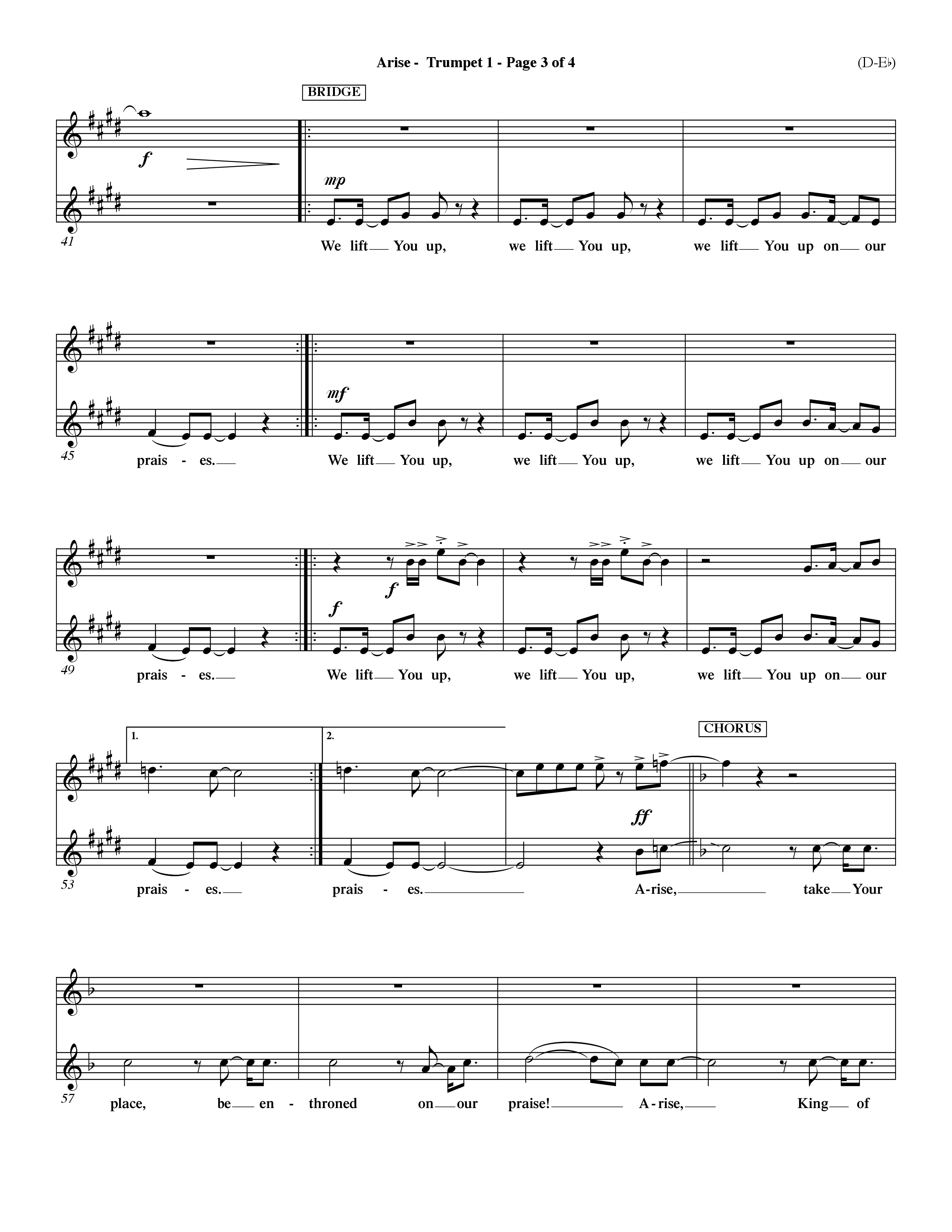 Arise (Choral Anthem SATB) Trumpet 1 (Word Music Choral / Orch. David Winkler / Orch. Dave Williamson)