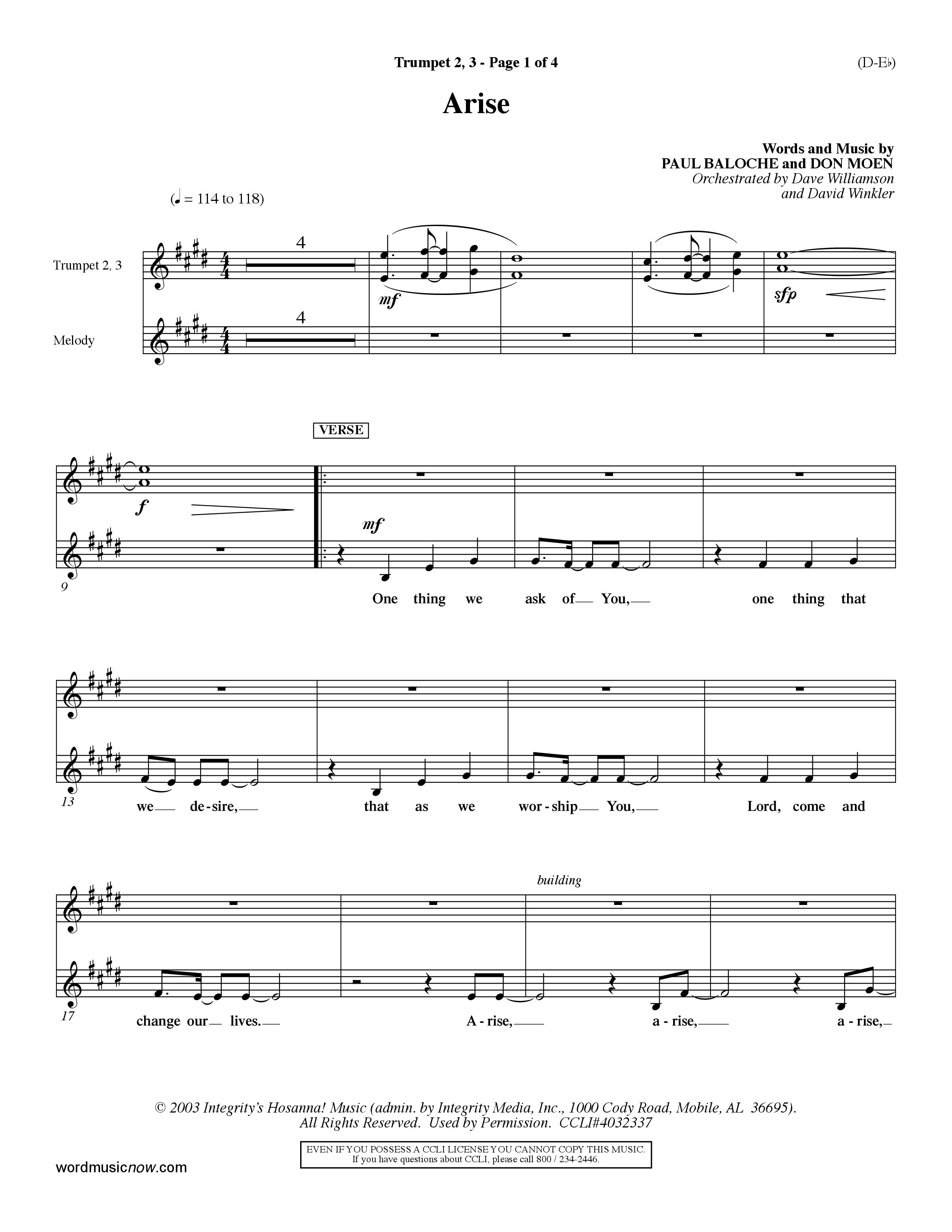 Arise (Choral Anthem SATB) Trumpet 2/3 (Word Music Choral / Orch. David Winkler / Orch. Dave Williamson)