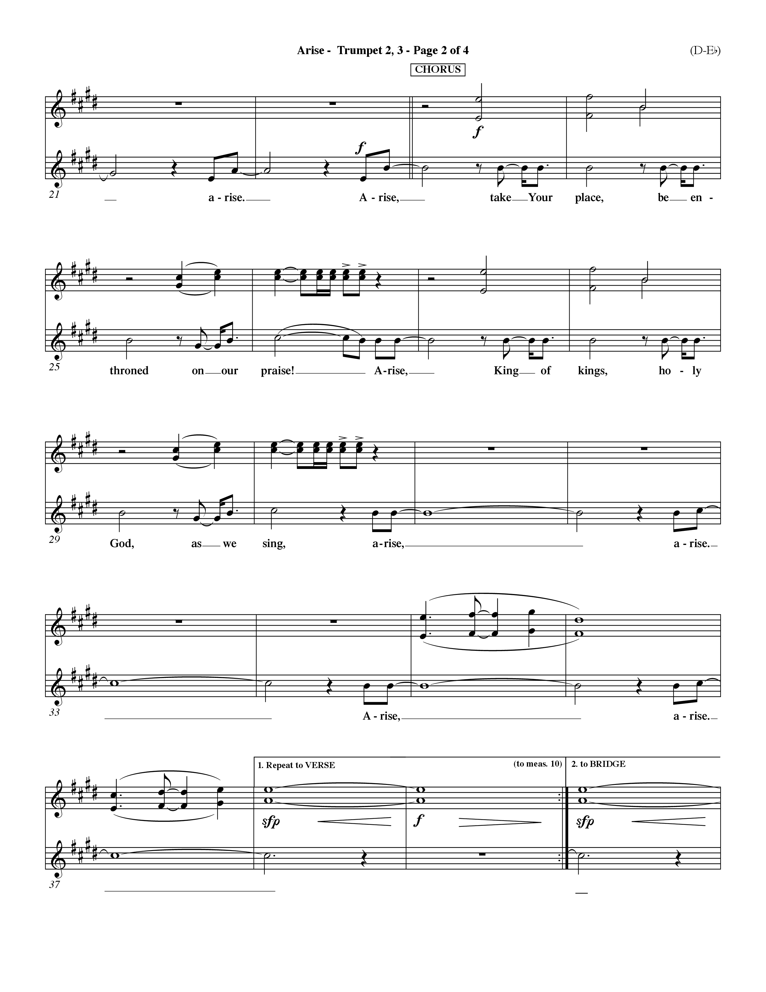 Arise (Choral Anthem SATB) Trumpet 2/3 (Word Music Choral / Orch. David Winkler / Orch. Dave Williamson)