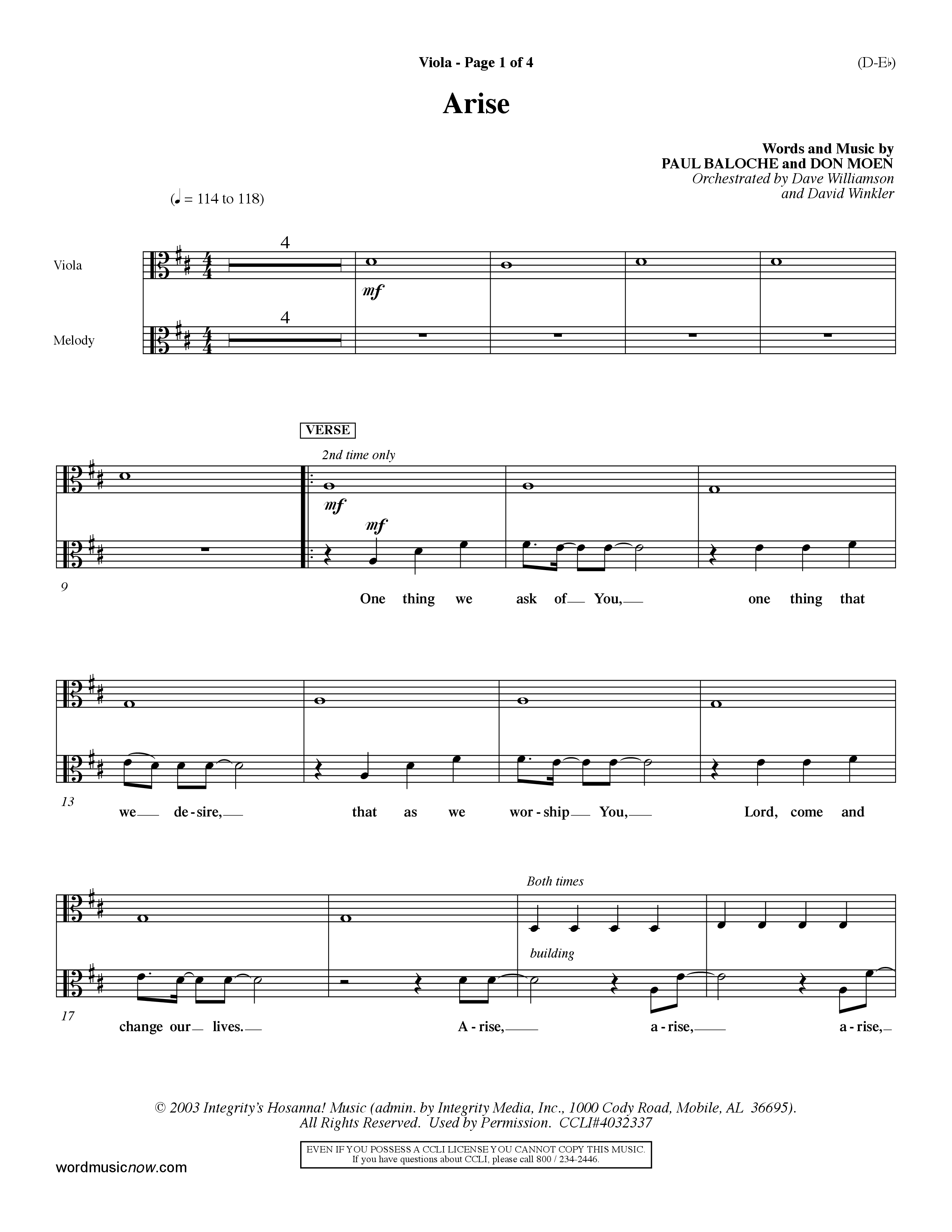 Arise (Choral Anthem SATB) Viola (Word Music Choral / Orch. David Winkler / Orch. Dave Williamson)