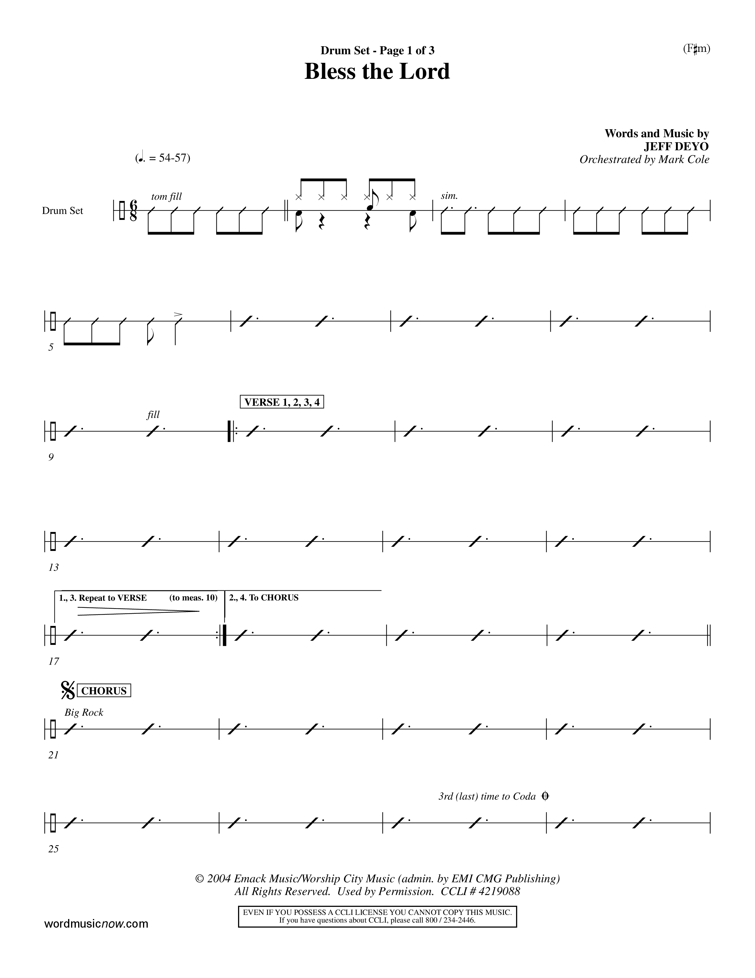 Bless The Lord (Choral Anthem SATB) Drum Set (Word Music Choral / Orch. Mark Cole)