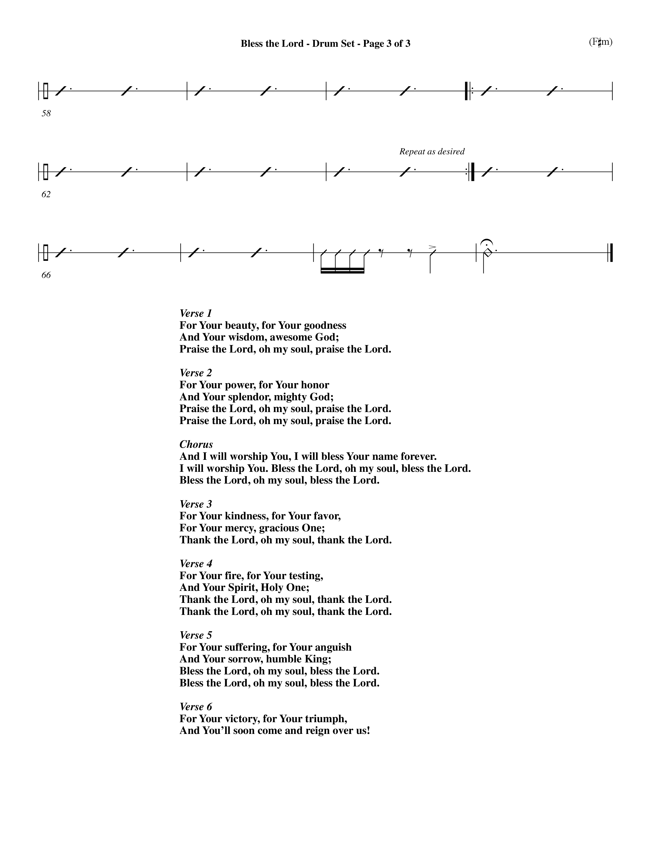 Bless The Lord (Choral Anthem SATB) Drum Set (Word Music Choral / Orch. Mark Cole)