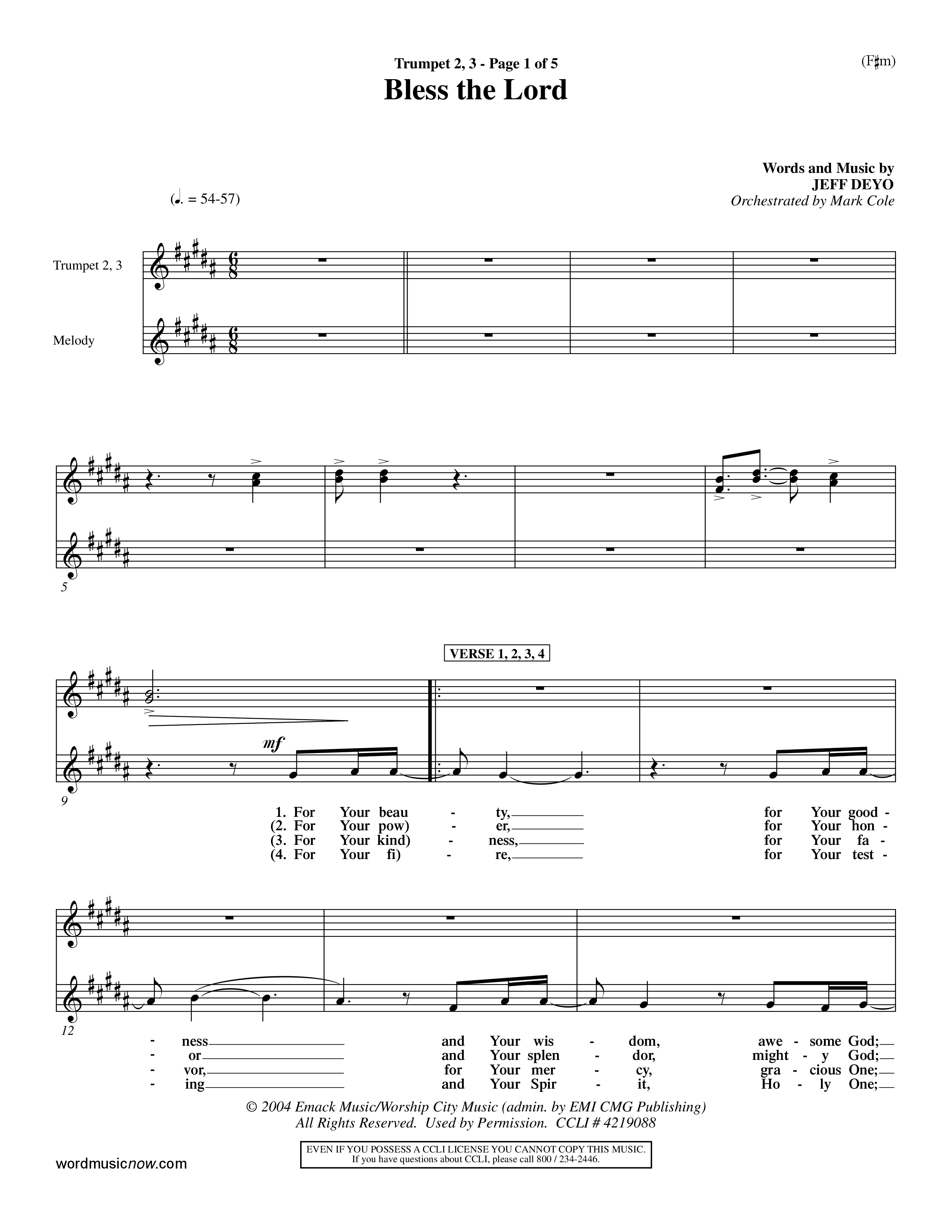 Bless The Lord (Choral Anthem SATB) Trumpet 2/3 (Word Music Choral / Orch. Mark Cole)