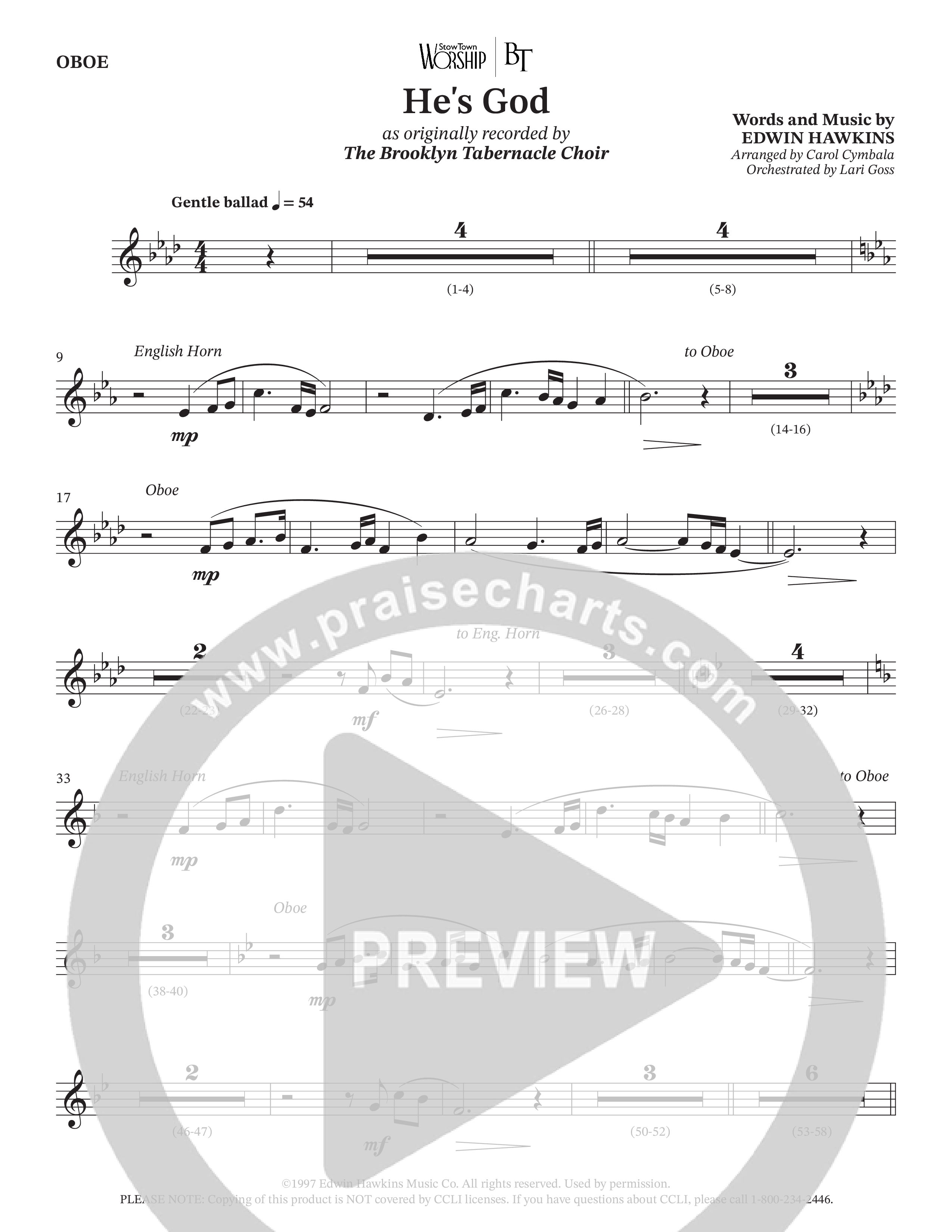 He's God (Choral Anthem SATB) Oboe (The Brooklyn Tabernacle Choir / Arr. Carol Cymbala / Orch. Lari Goss)
