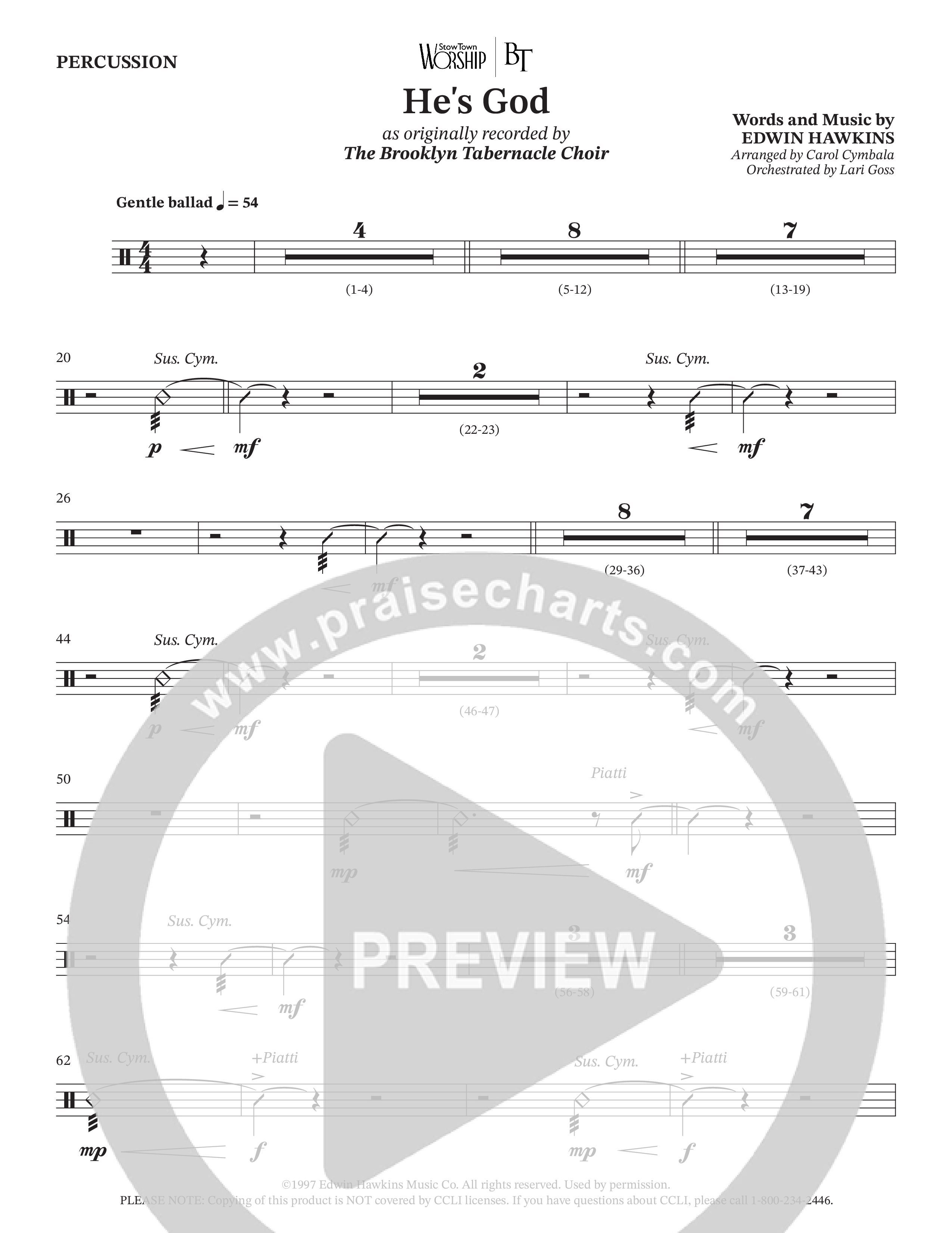 He's God (Choral Anthem SATB) Percussion (The Brooklyn Tabernacle Choir / Arr. Carol Cymbala / Orch. Lari Goss)