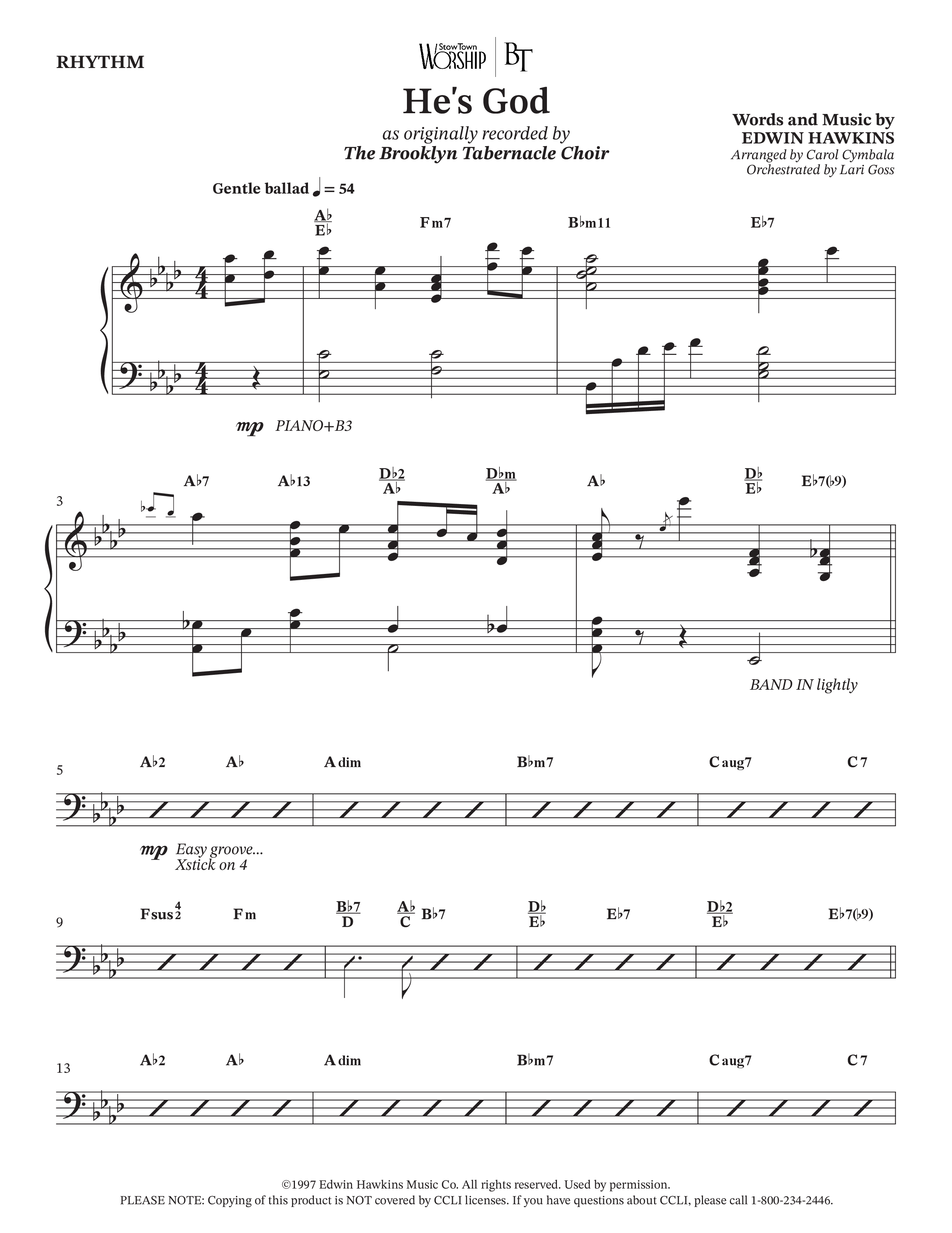 He's God (Choral Anthem SATB) Rhythm Chart (The Brooklyn Tabernacle Choir / Arr. Carol Cymbala / Orch. Lari Goss)