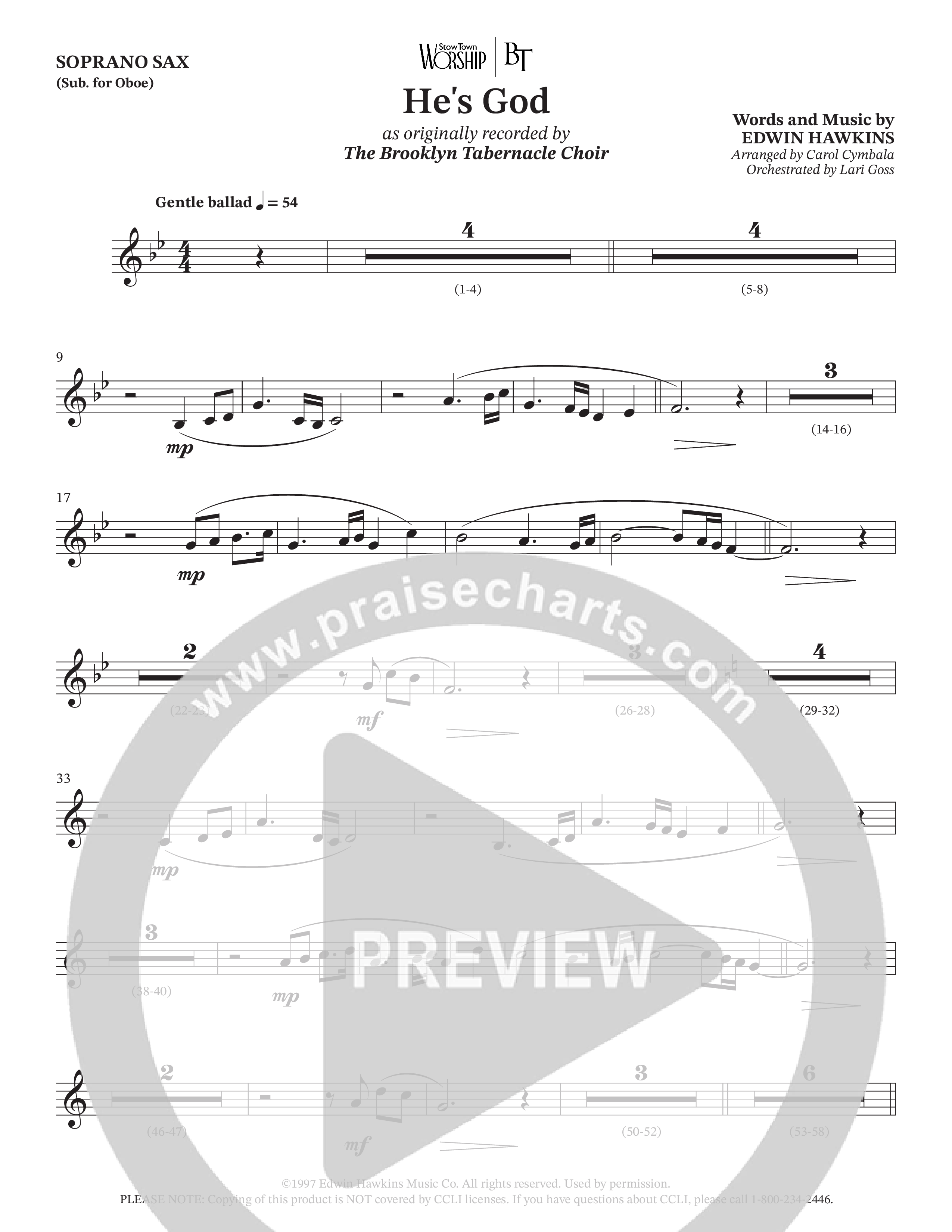 He's God (Choral Anthem SATB) Soprano Sax (The Brooklyn Tabernacle Choir / Arr. Carol Cymbala / Orch. Lari Goss)