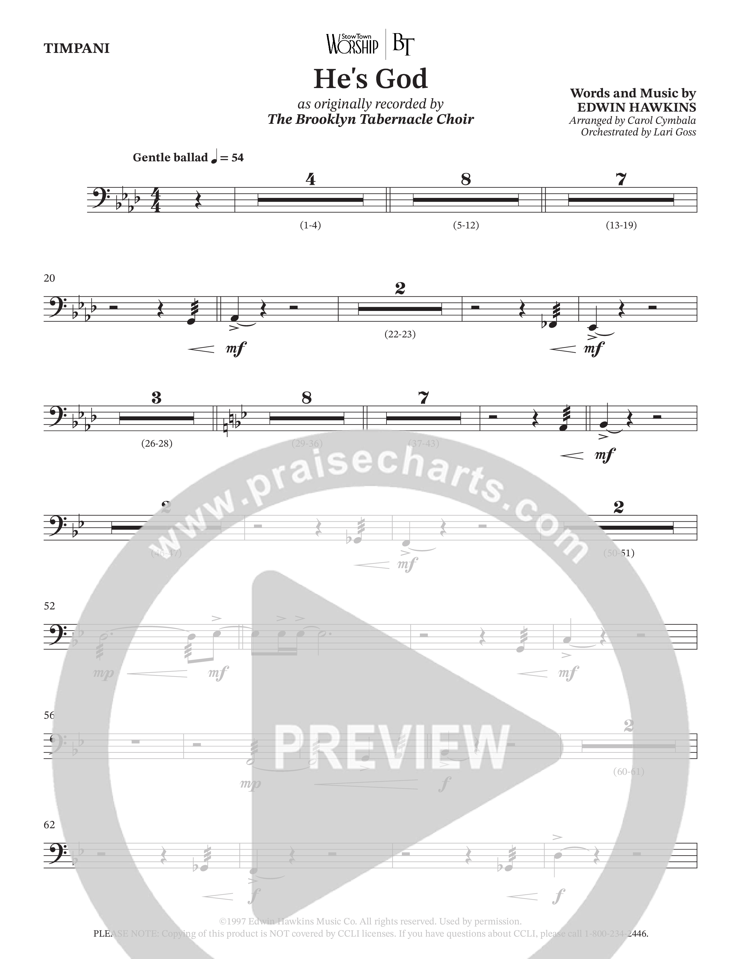 He's God (Choral Anthem SATB) Timpani (The Brooklyn Tabernacle Choir / Arr. Carol Cymbala / Orch. Lari Goss)