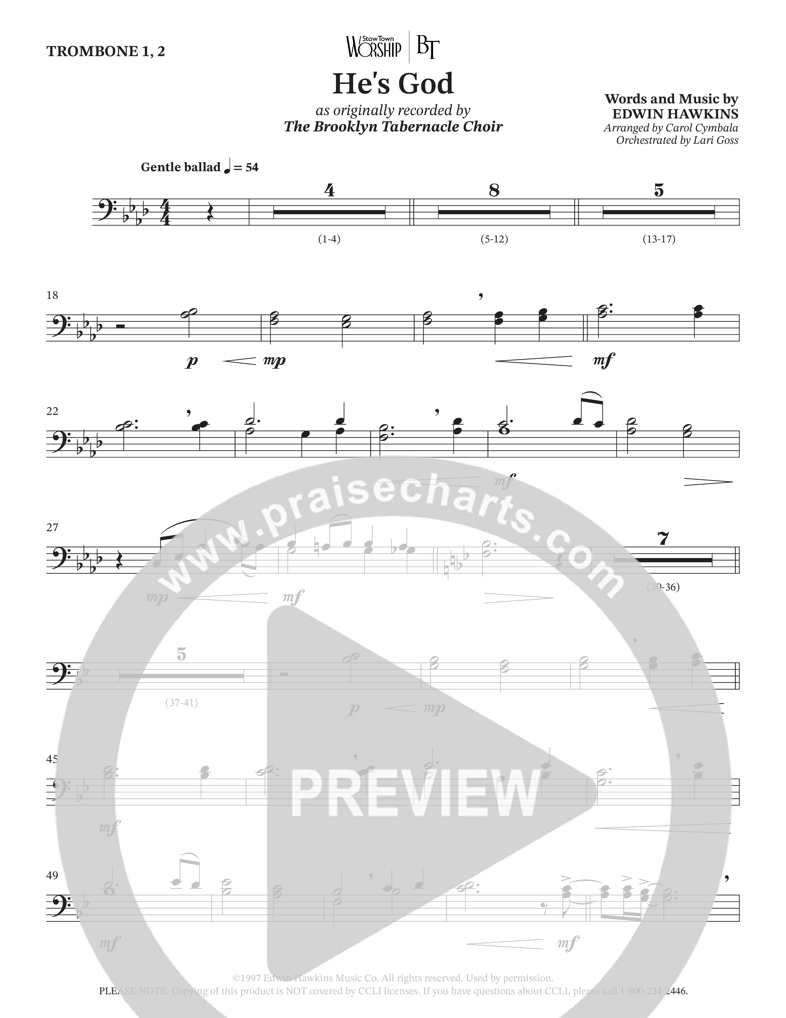 He's God (Choral Anthem SATB) Trombone 1/2 (The Brooklyn Tabernacle Choir / Arr. Carol Cymbala / Orch. Lari Goss)
