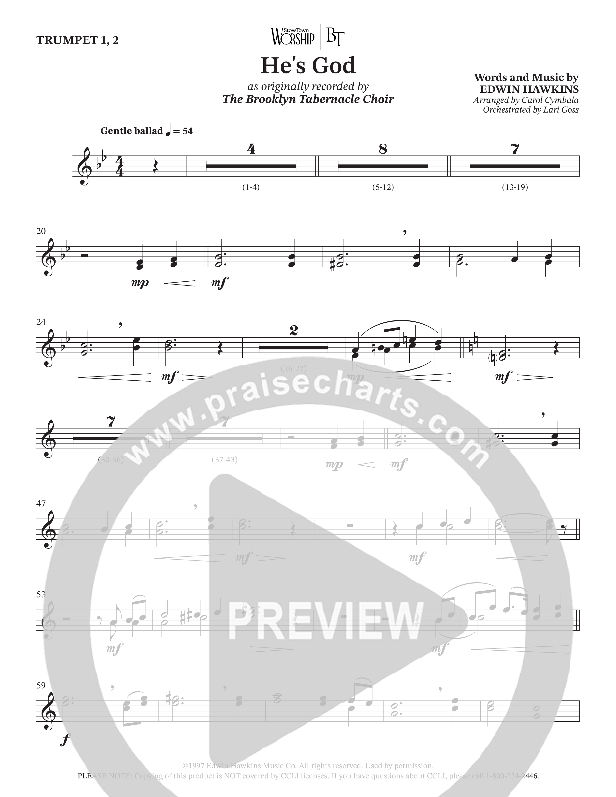 He's God (Choral Anthem SATB) Trumpet 1,2 (The Brooklyn Tabernacle Choir / Arr. Carol Cymbala / Orch. Lari Goss)