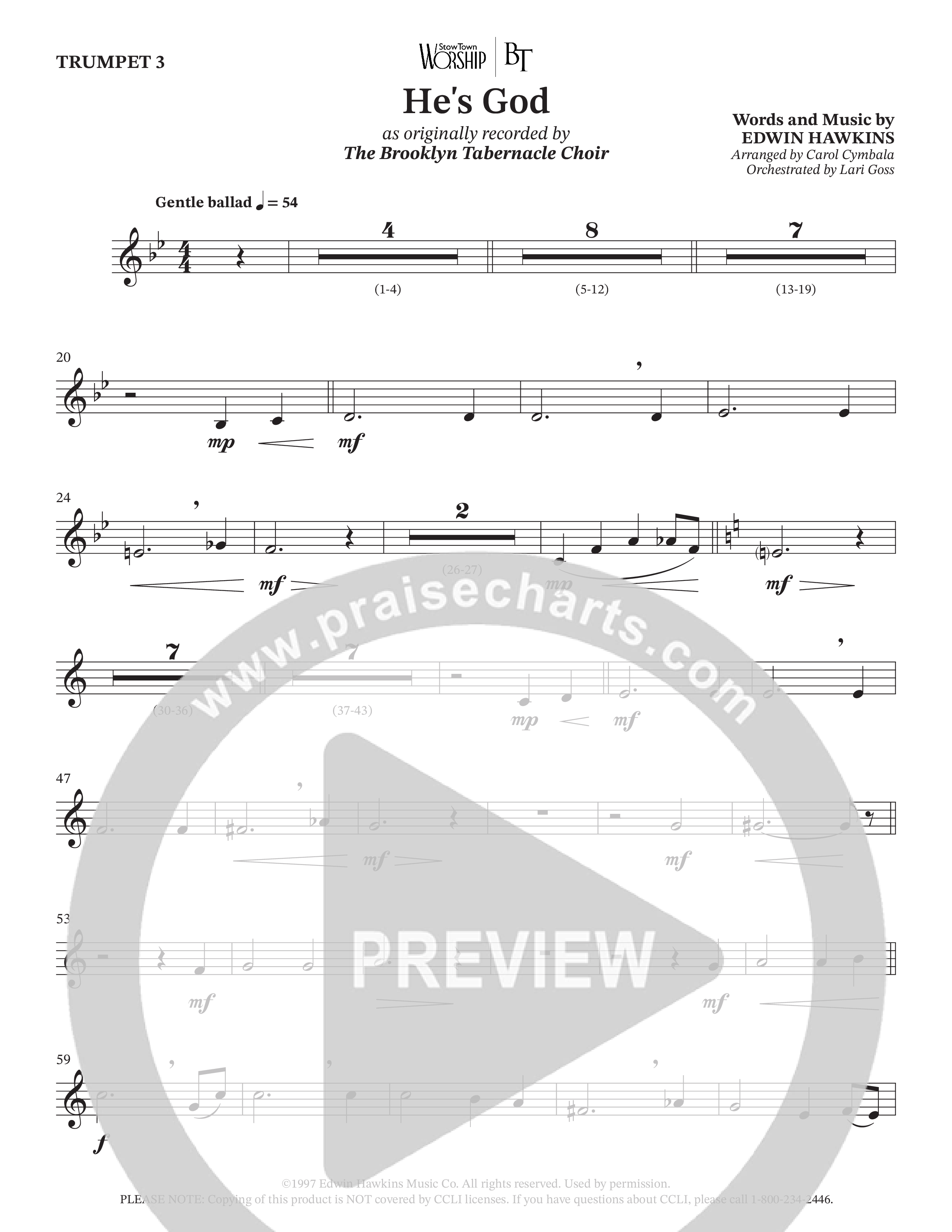 He's God (Choral Anthem SATB) Trumpet 3 (The Brooklyn Tabernacle Choir / Arr. Carol Cymbala / Orch. Lari Goss)