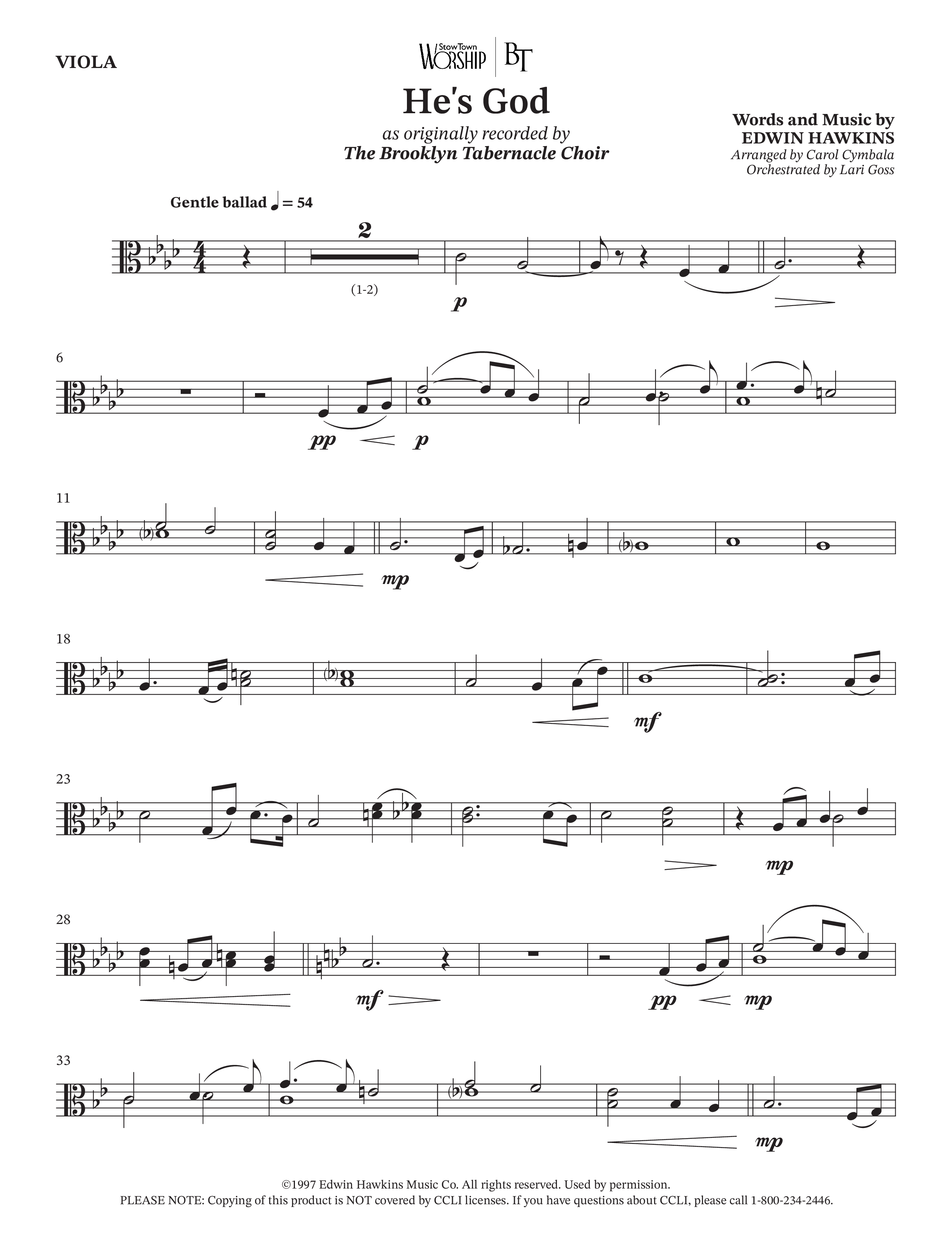 He's God (Choral Anthem SATB) Viola (The Brooklyn Tabernacle Choir / Arr. Carol Cymbala / Orch. Lari Goss)