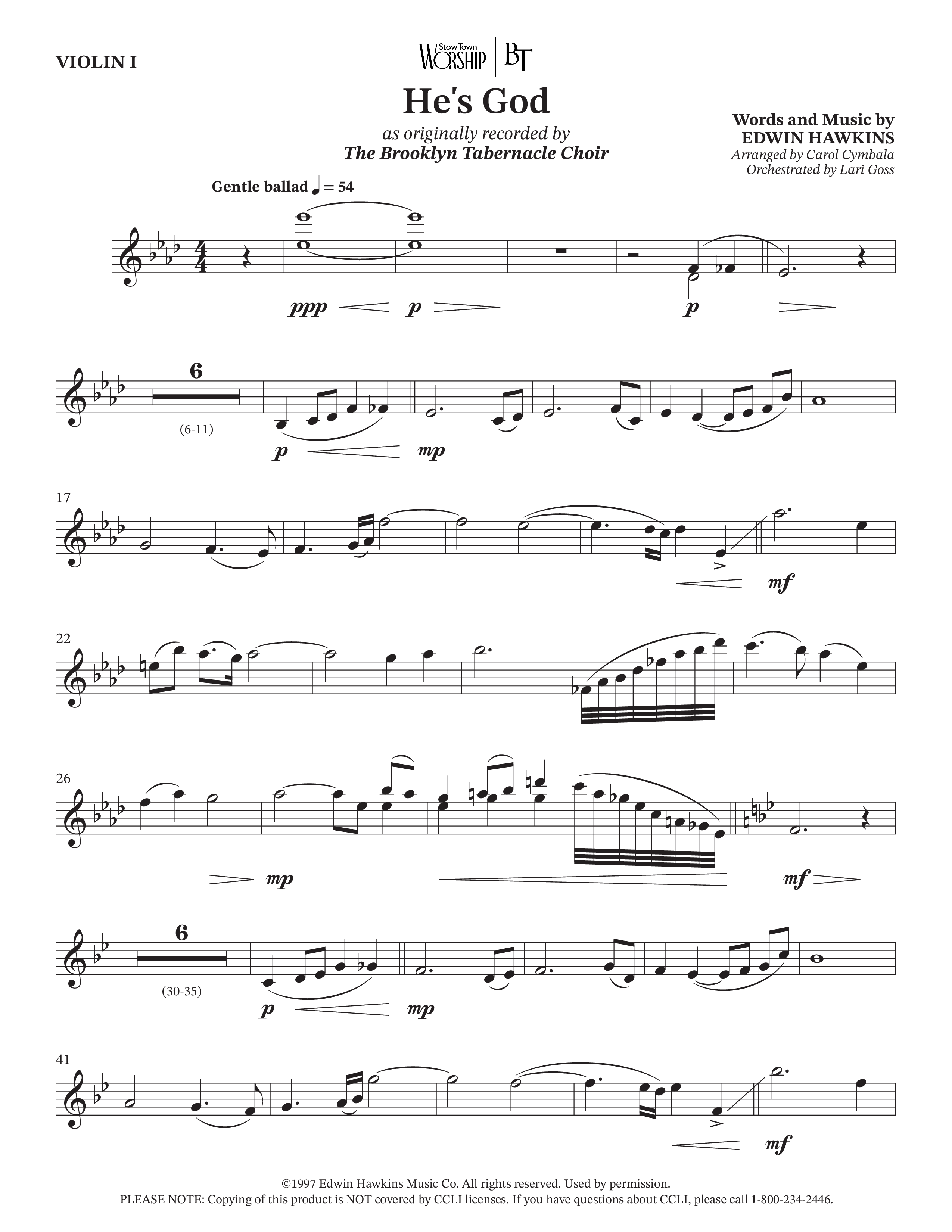 He's God (Choral Anthem SATB) Violin 1 (The Brooklyn Tabernacle Choir / Arr. Carol Cymbala / Orch. Lari Goss)