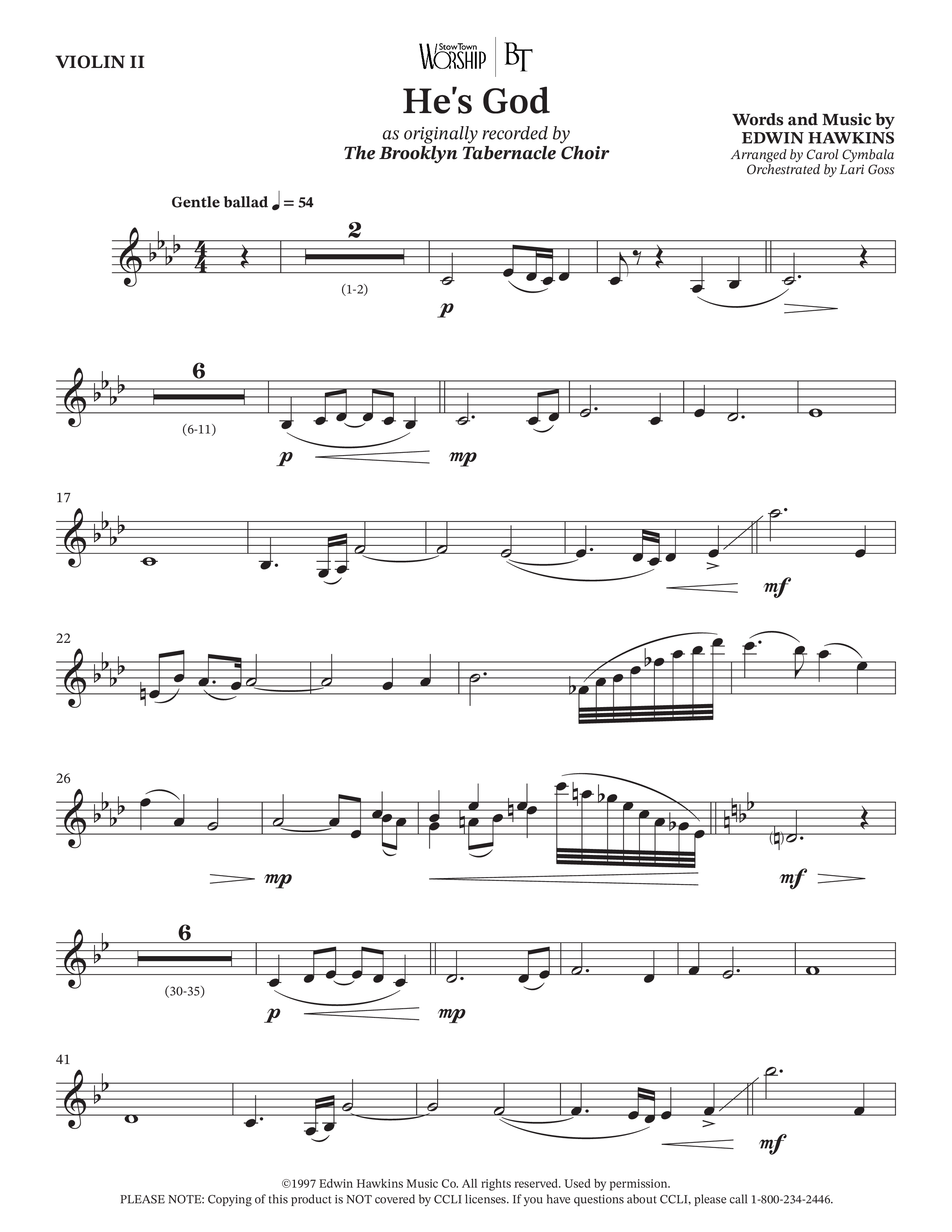 He's God (Choral Anthem SATB) Violin 2 (The Brooklyn Tabernacle Choir / Arr. Carol Cymbala / Orch. Lari Goss)