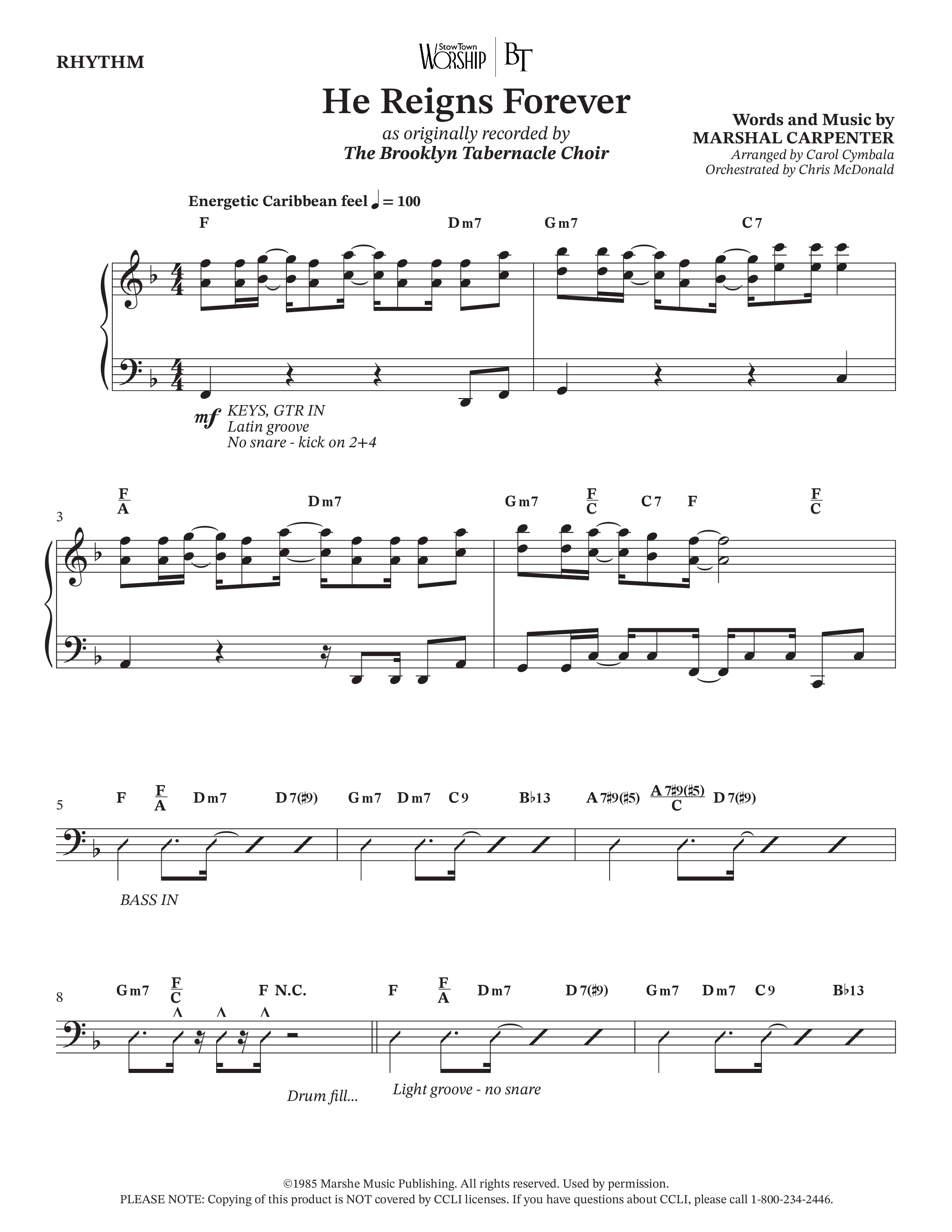 He Reigns Forever (Choral Anthem SATB) Rhythm Chart (The Brooklyn Tabernacle Choir / Arr. Carol Cymbala / Orch. Chris McDonald)