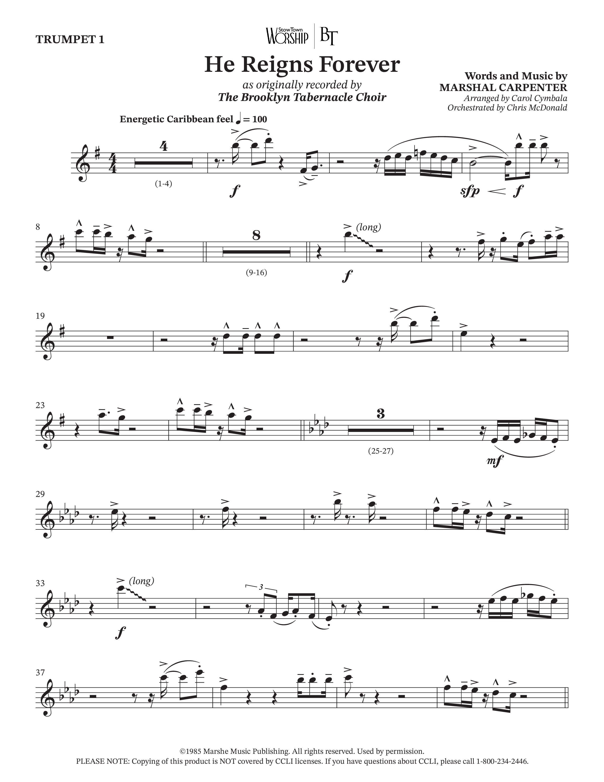 He Reigns Forever (Choral Anthem SATB) Trumpet 1 (The Brooklyn Tabernacle Choir / Arr. Carol Cymbala / Orch. Chris McDonald)