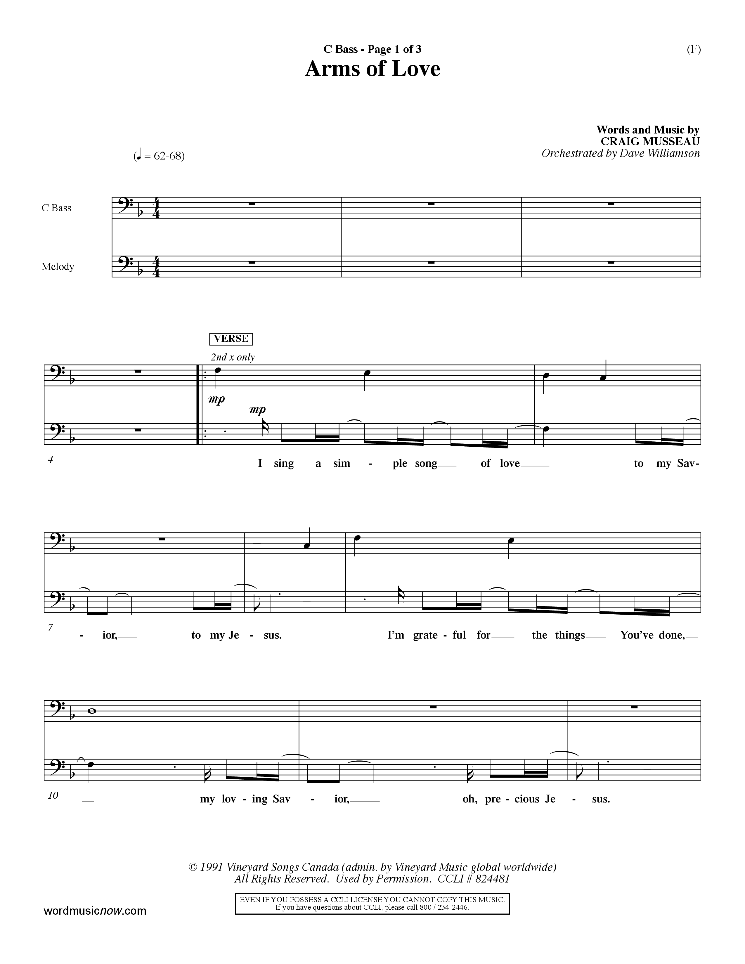 Arms Of Love (Choral Anthem SATB) Contrabass (Word Music Choral / Orch. Dave Williamson)