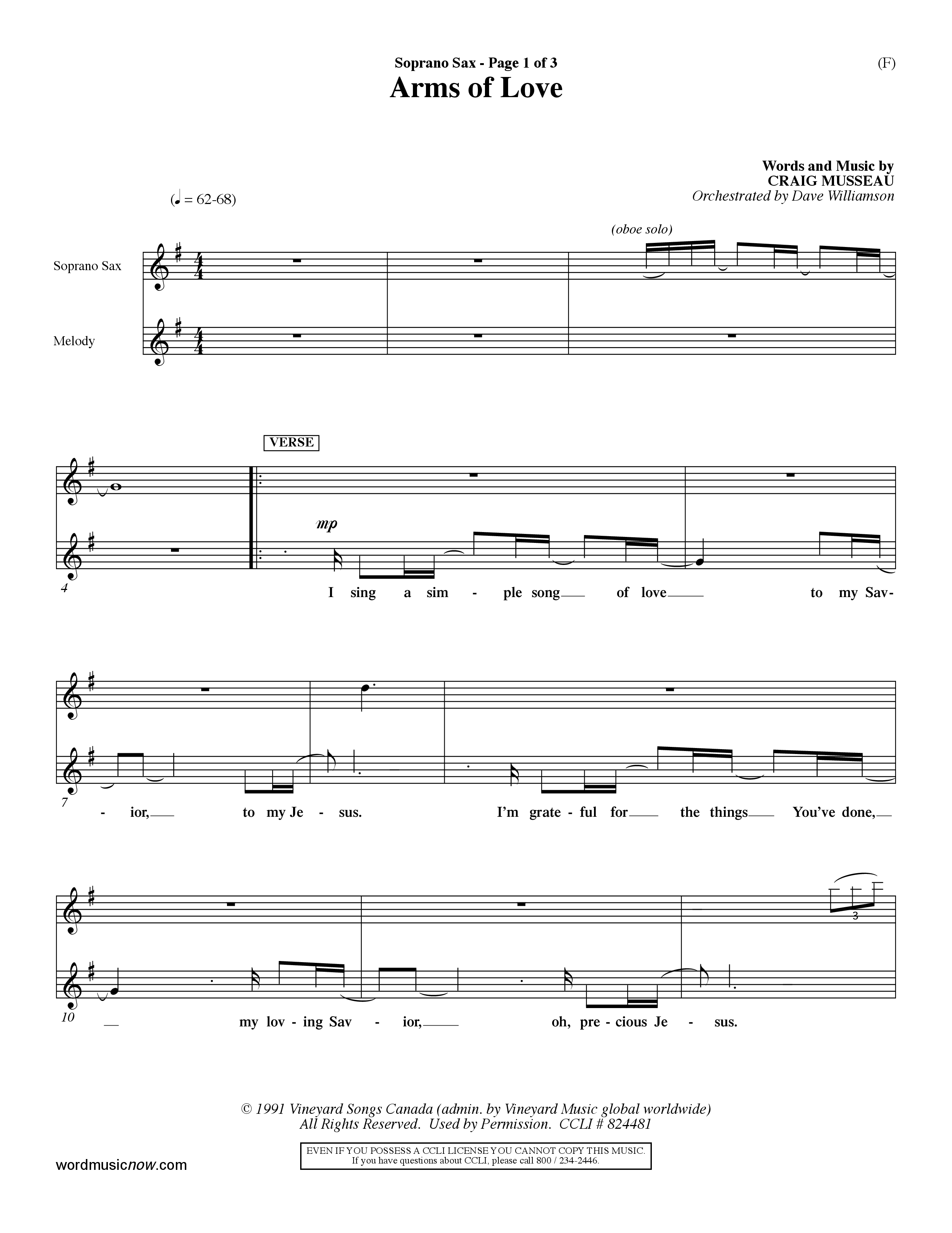 Arms Of Love (Choral Anthem SATB) Saxophone (Word Music Choral / Orch. Dave Williamson)