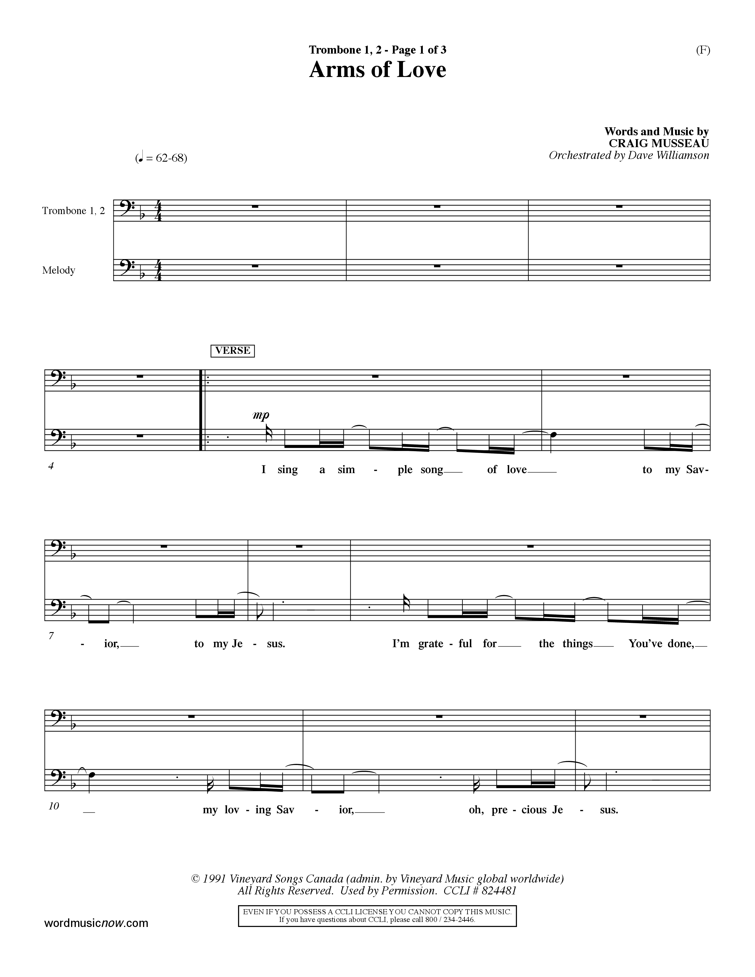 Arms Of Love (Choral Anthem SATB) Trombone 1/2 (Word Music Choral / Orch. Dave Williamson)