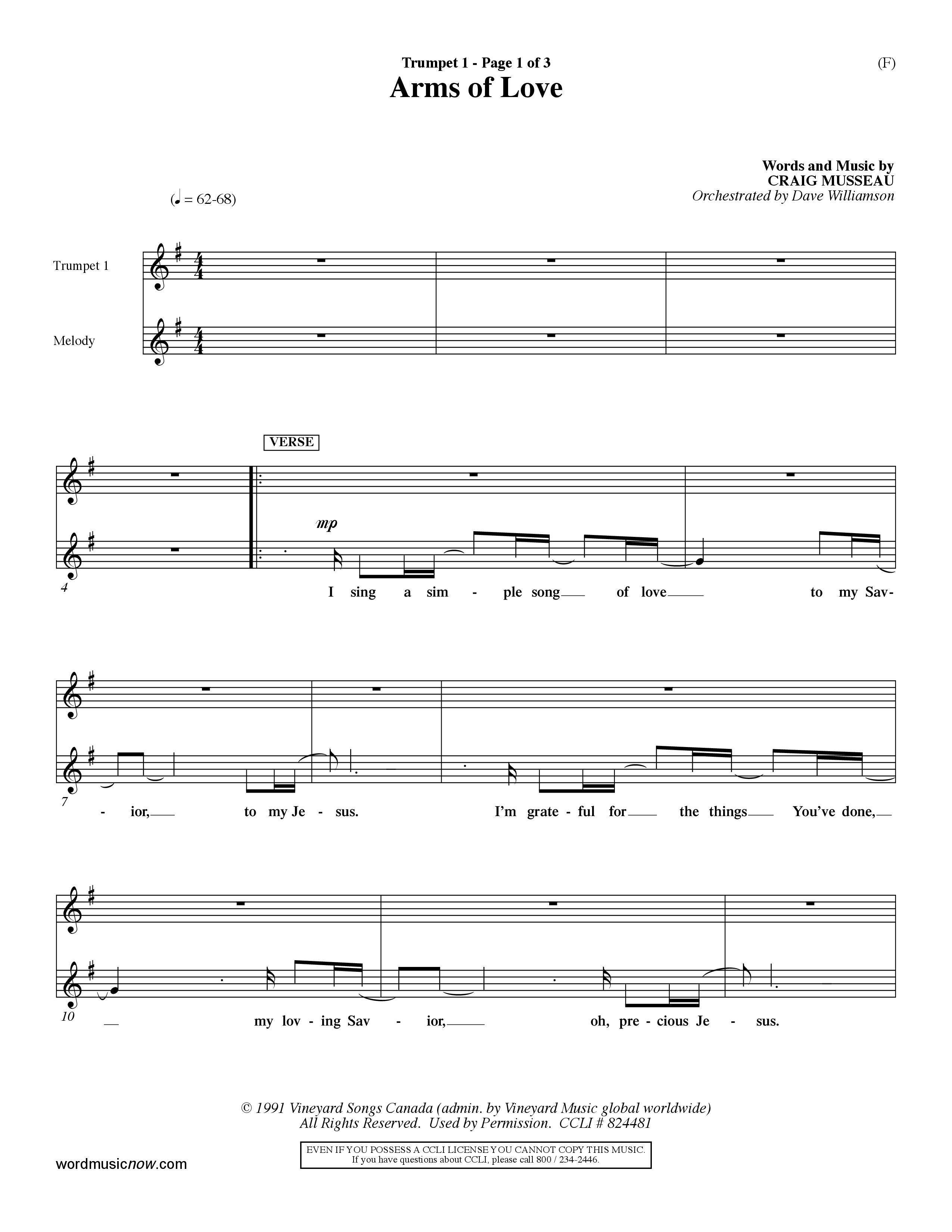 Arms Of Love (Choral Anthem SATB) Trumpet 1 (Word Music Choral / Orch. Dave Williamson)