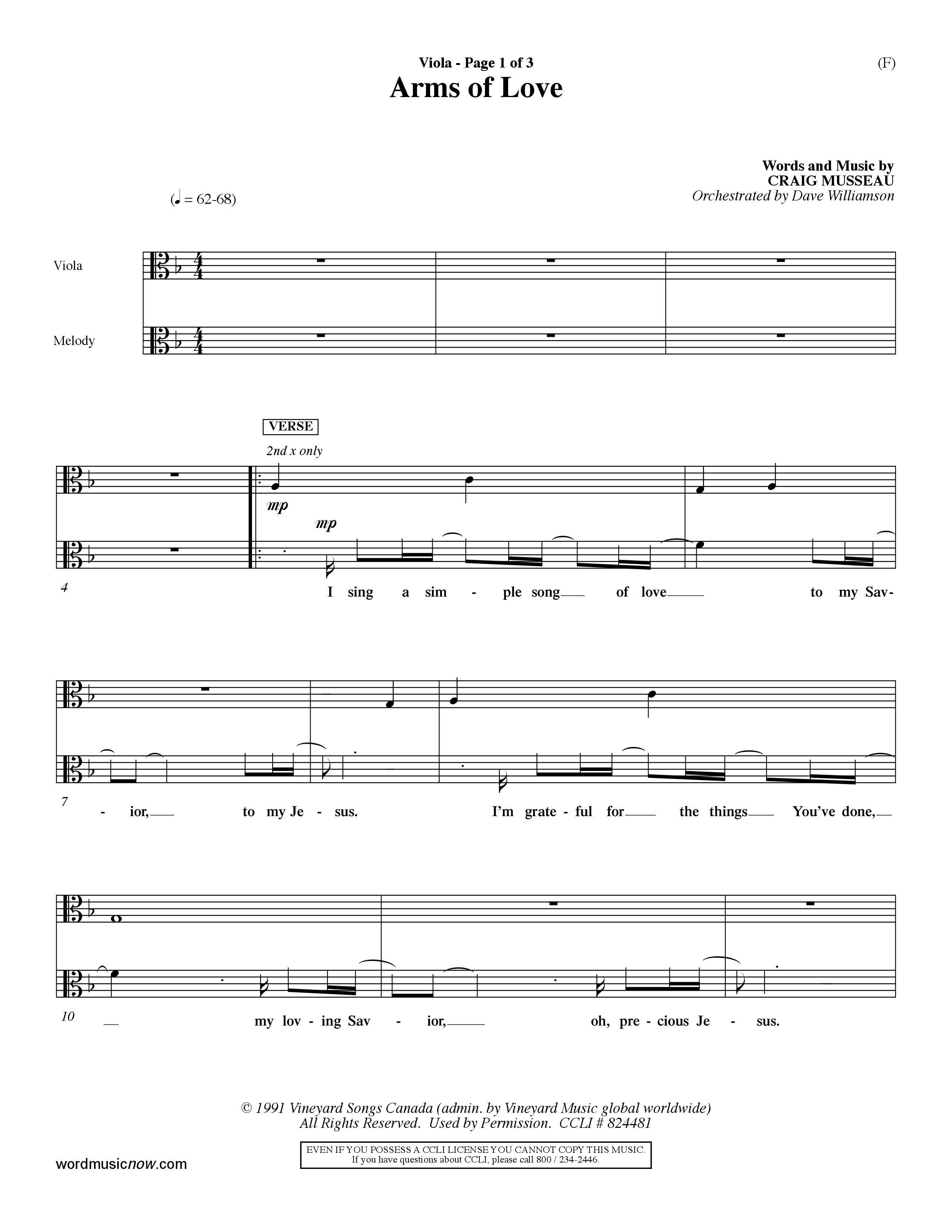 Arms Of Love (Choral Anthem SATB) Viola (Word Music Choral / Orch. Dave Williamson)