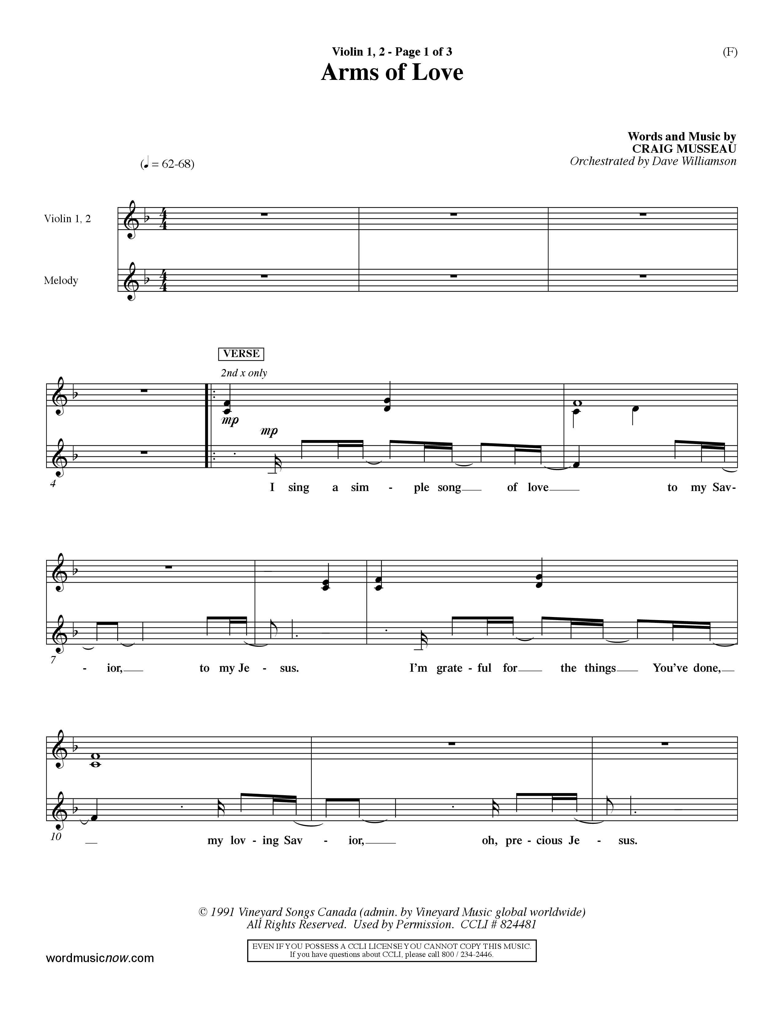 Arms Of Love (Choral Anthem SATB) Violin 1/2 (Word Music Choral / Orch. Dave Williamson)