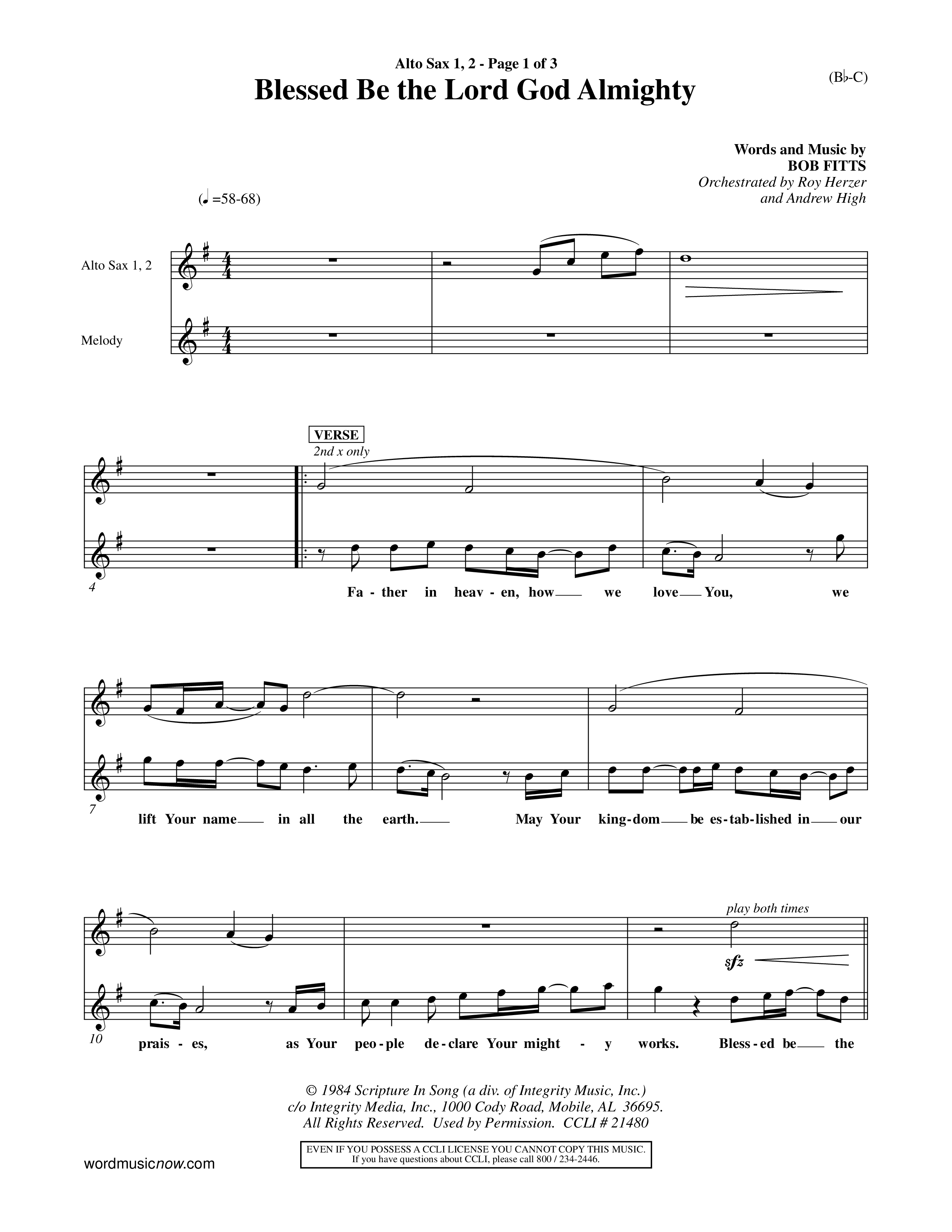 Blessed Be The Lord God Almighty (Choral Anthem SATB) Alto Sax 1/2 (Word Music Choral / Orch. Roy Herzer / Orch. Andrew High)